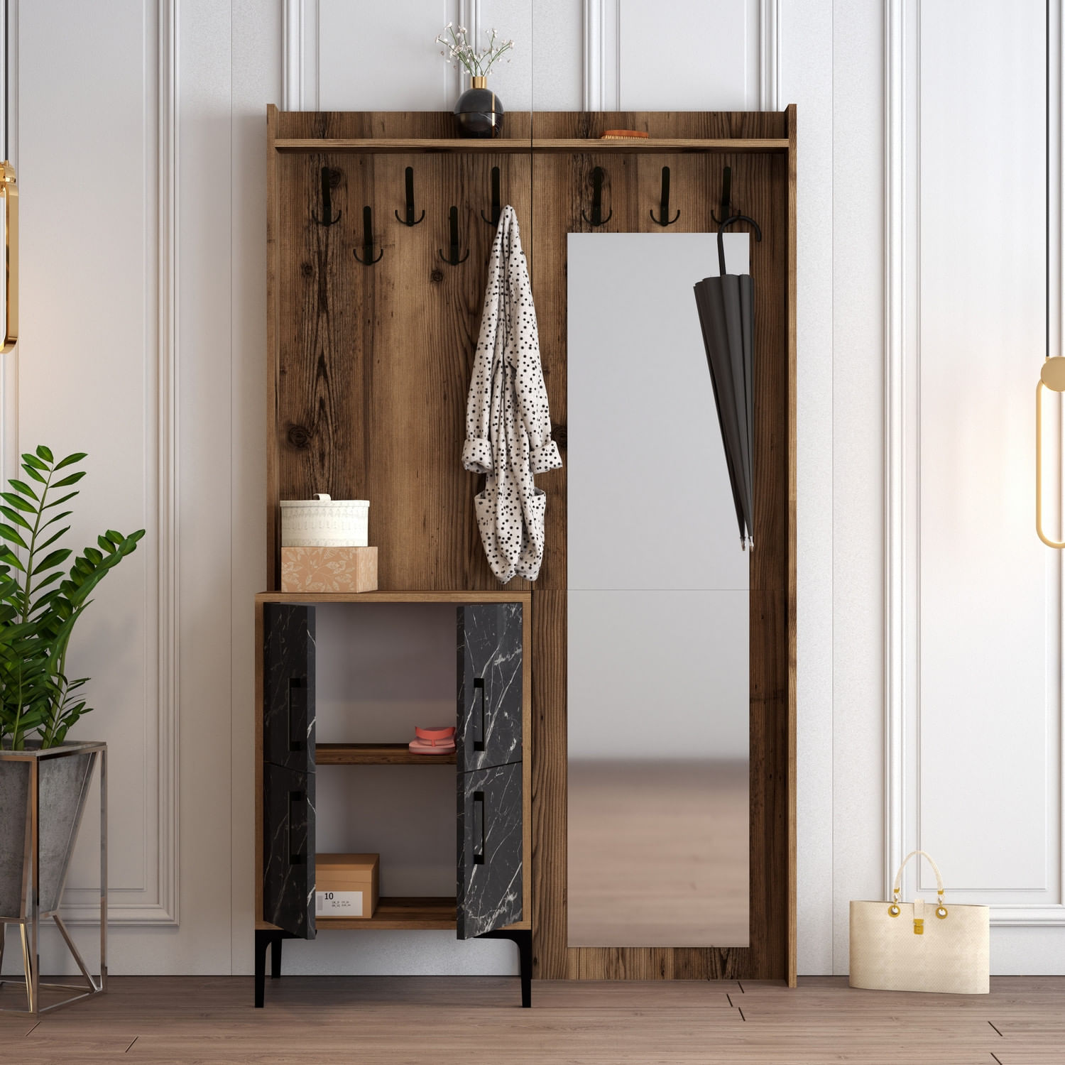 Cuier, Hanah Home, panou aglomerat melaminat, nuc si negru, 120x35x200 cm — imaginea 5
