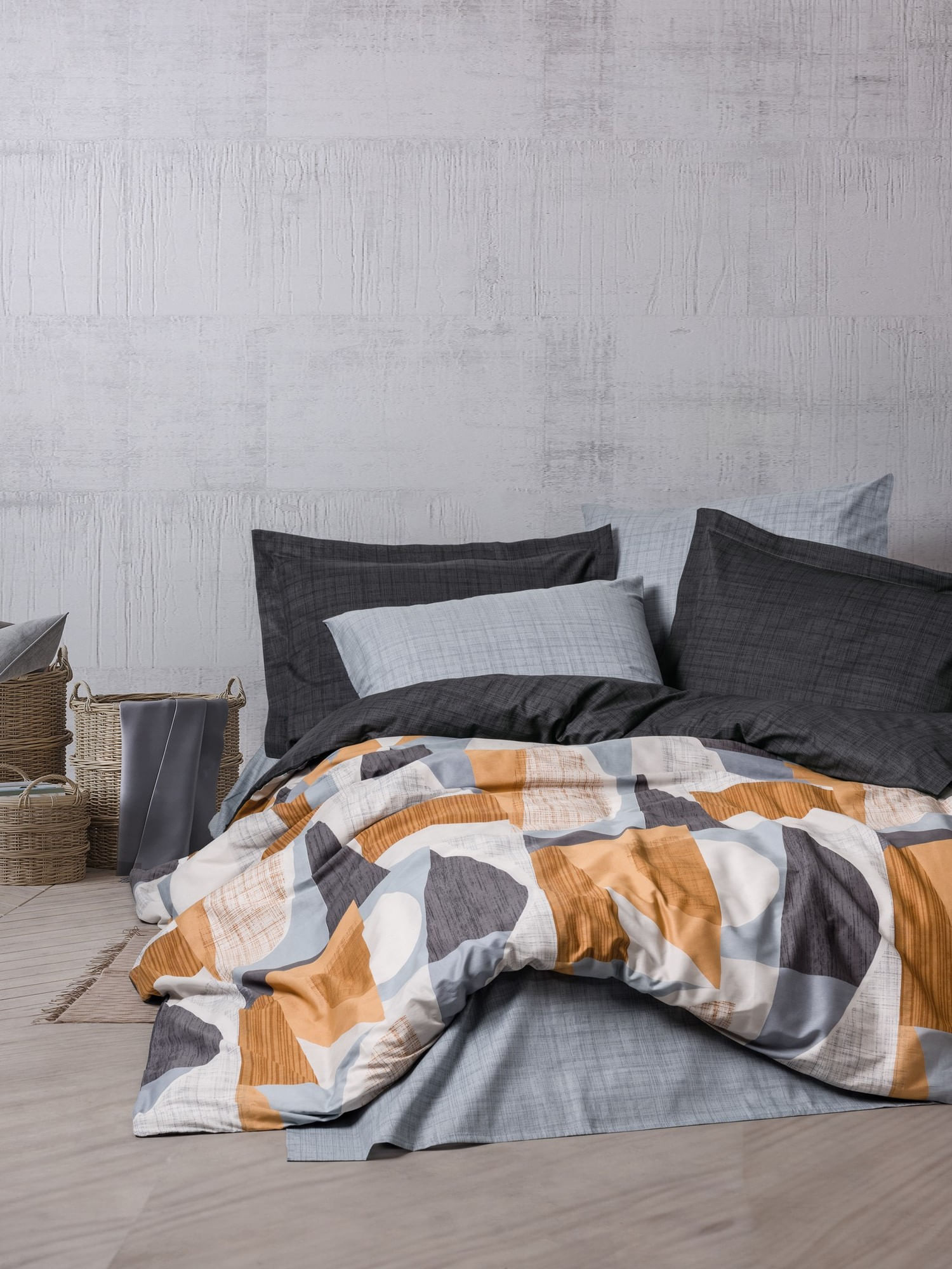 Set lenjerie pat single, L'essentiel Maison, gri, 100% bumbac ranforce, pilota 160x220 cm, cearsaf 180x240 cm, fata de perna 50x70 cm