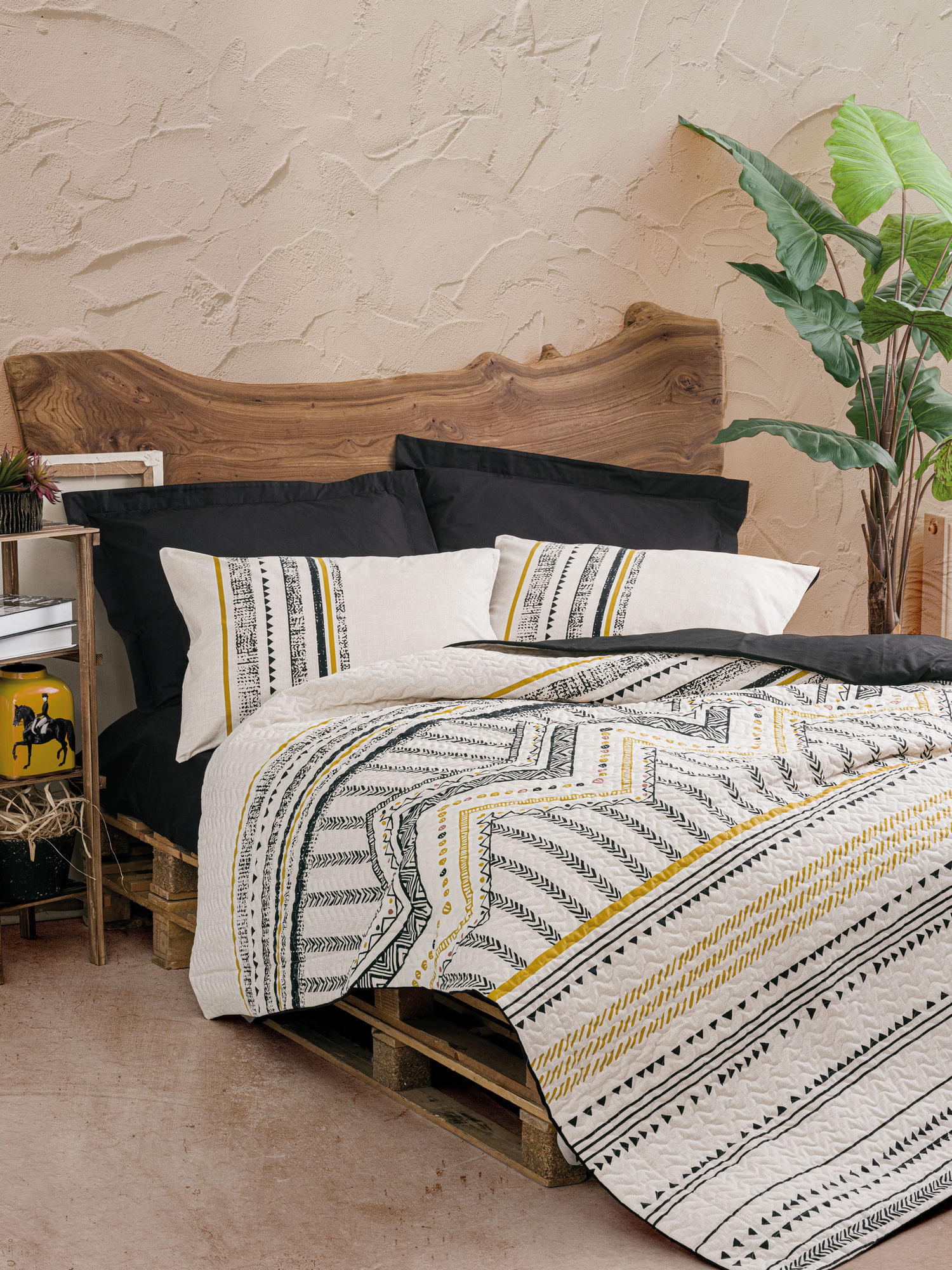 Set lenjerie de pat, L'essentiel Maison, negru alb auriu, 220x230 cm, 100% bumbac ranforce, matlasat