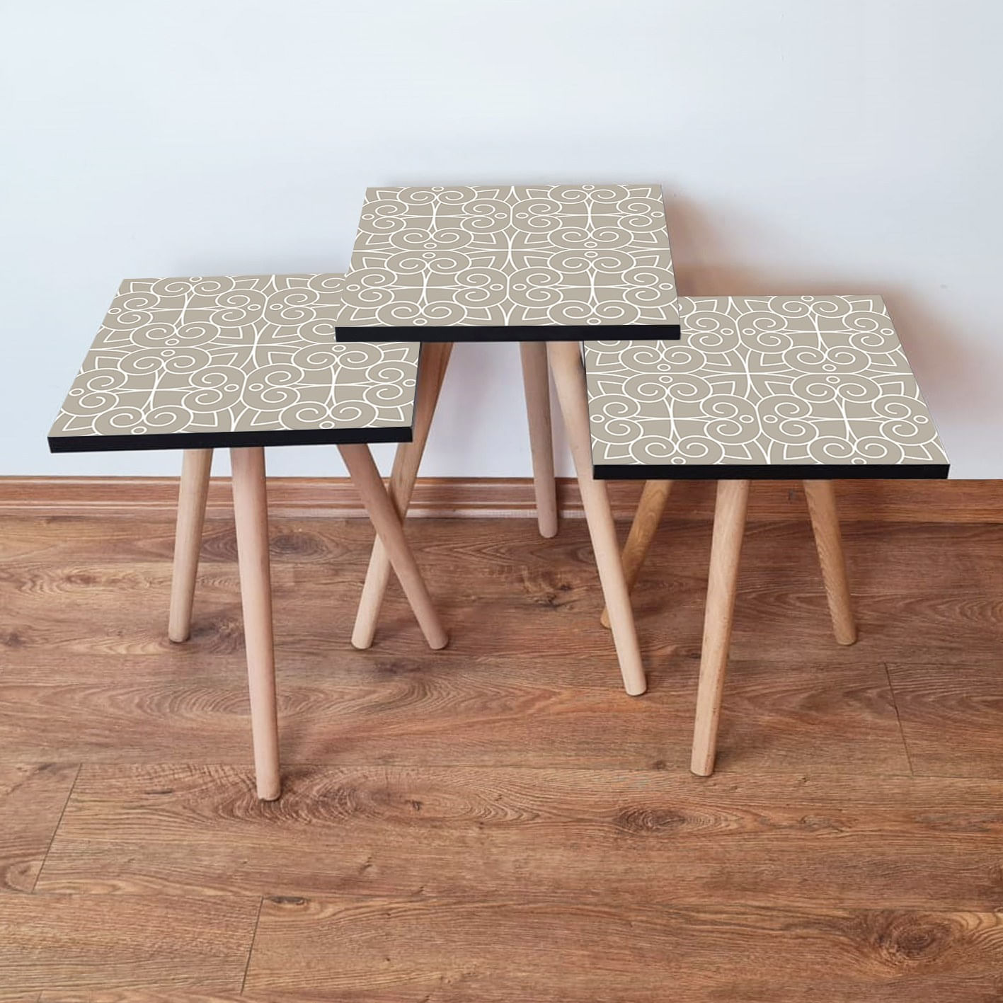 Set masute de cafea, Hanah Home, mdf, bej alb, picioare lemn fag, 35x35x52 cm