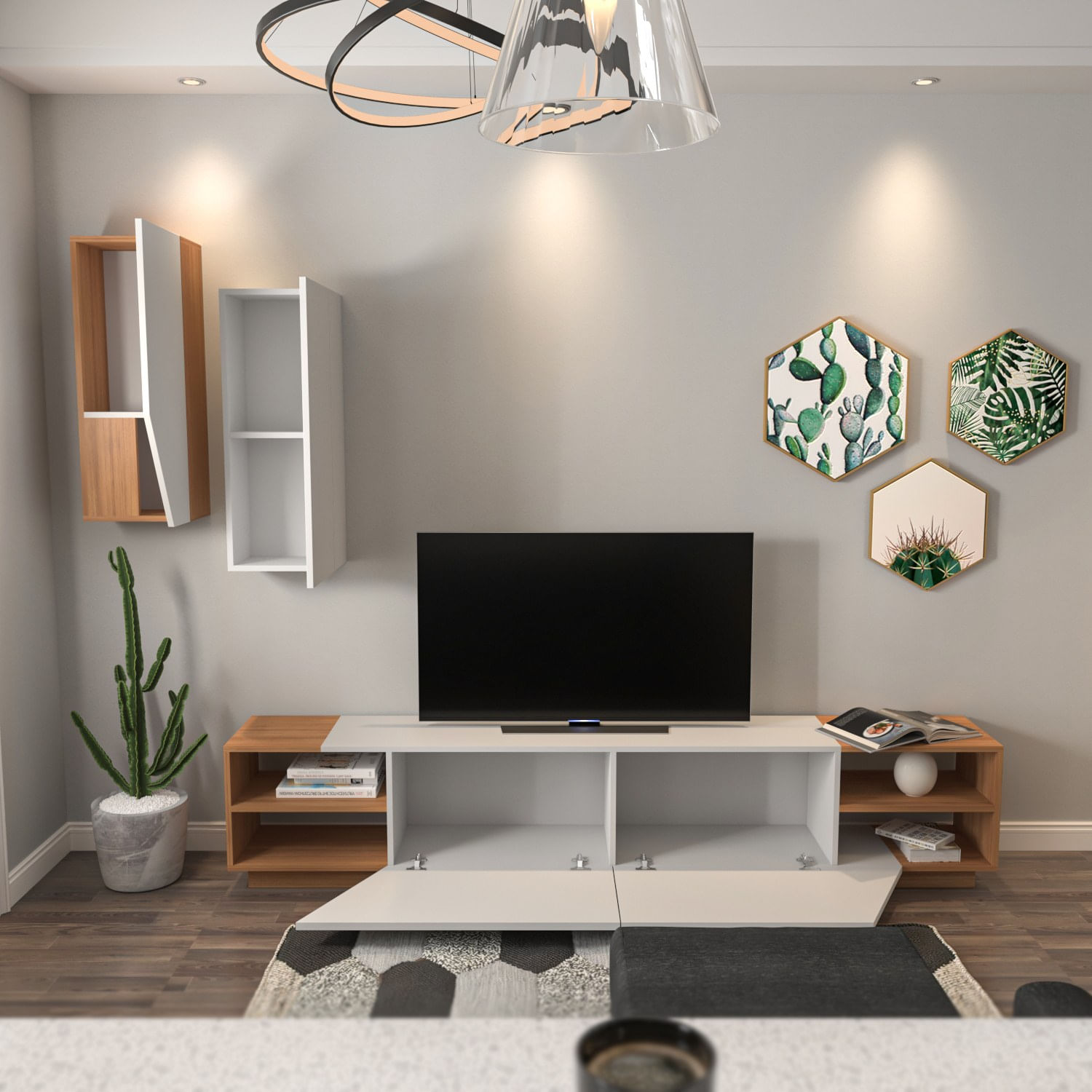 Comoda tv, Hanah Home, pal melaminat, alb si tec, 240x47x37.5 cm — imaginea 2