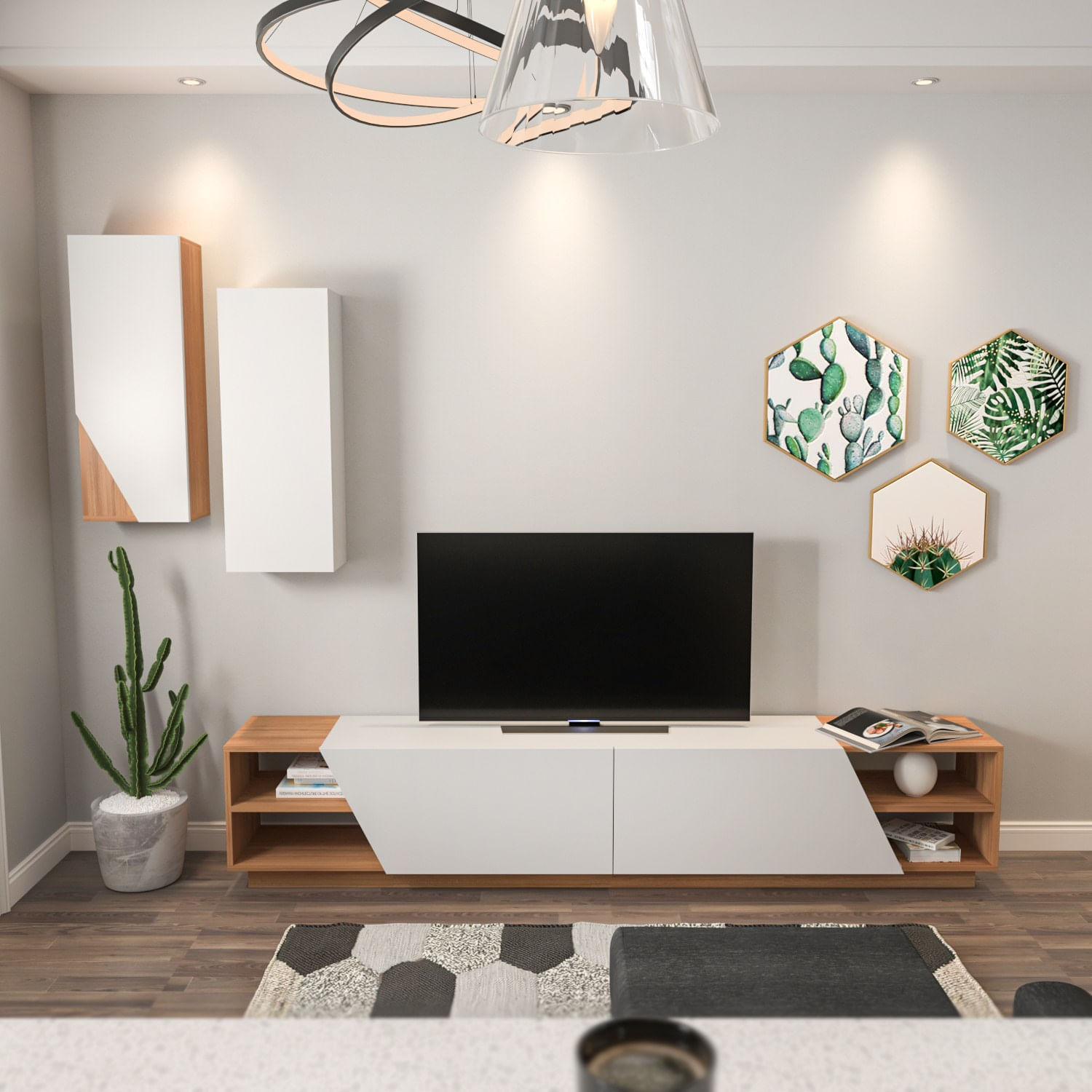 Comoda tv, Hanah Home, pal melaminat, alb si tec, 240x47x37.5 cm — imaginea 3