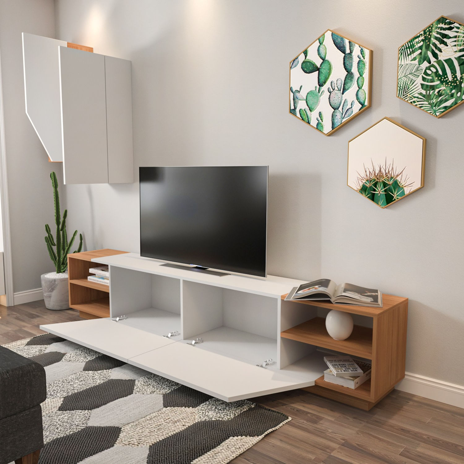 Comoda tv, Hanah Home, pal melaminat, alb si tec, 240x47x37.5 cm — imaginea 6
