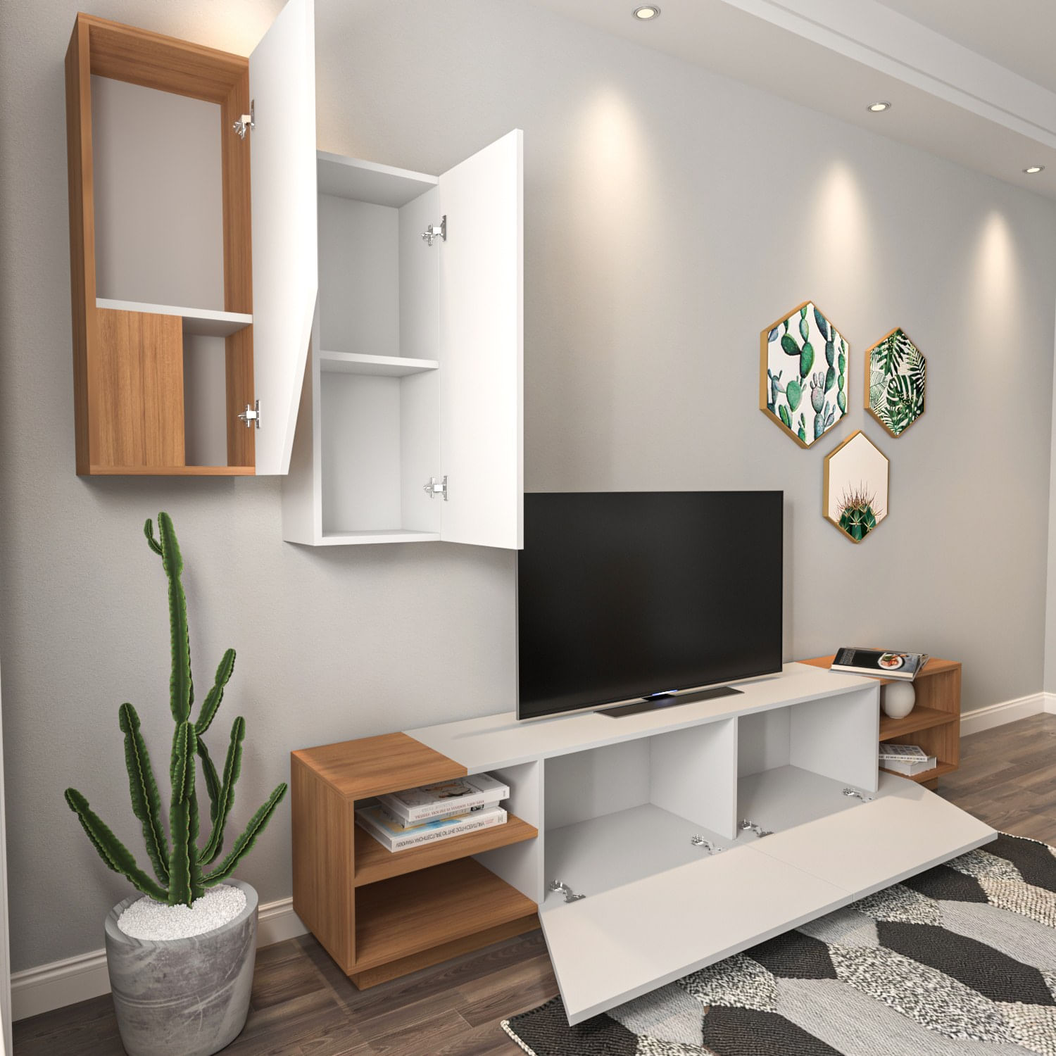 Comoda tv, Hanah Home, pal melaminat, alb si tec, 240x47x37.5 cm — imaginea 8