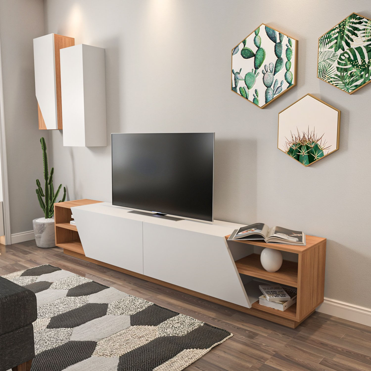 Comoda tv, Hanah Home, pal melaminat, alb si tec, 240x47x37.5 cm — imaginea 9