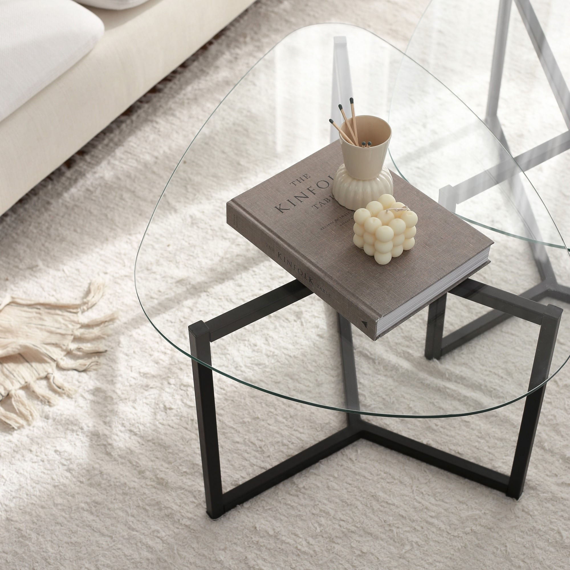 Set masute de cafea, Hanah Home, sticla securizata si metal, negru mat, 82x58x40 cm, 82x58x36 cm — imaginea 4