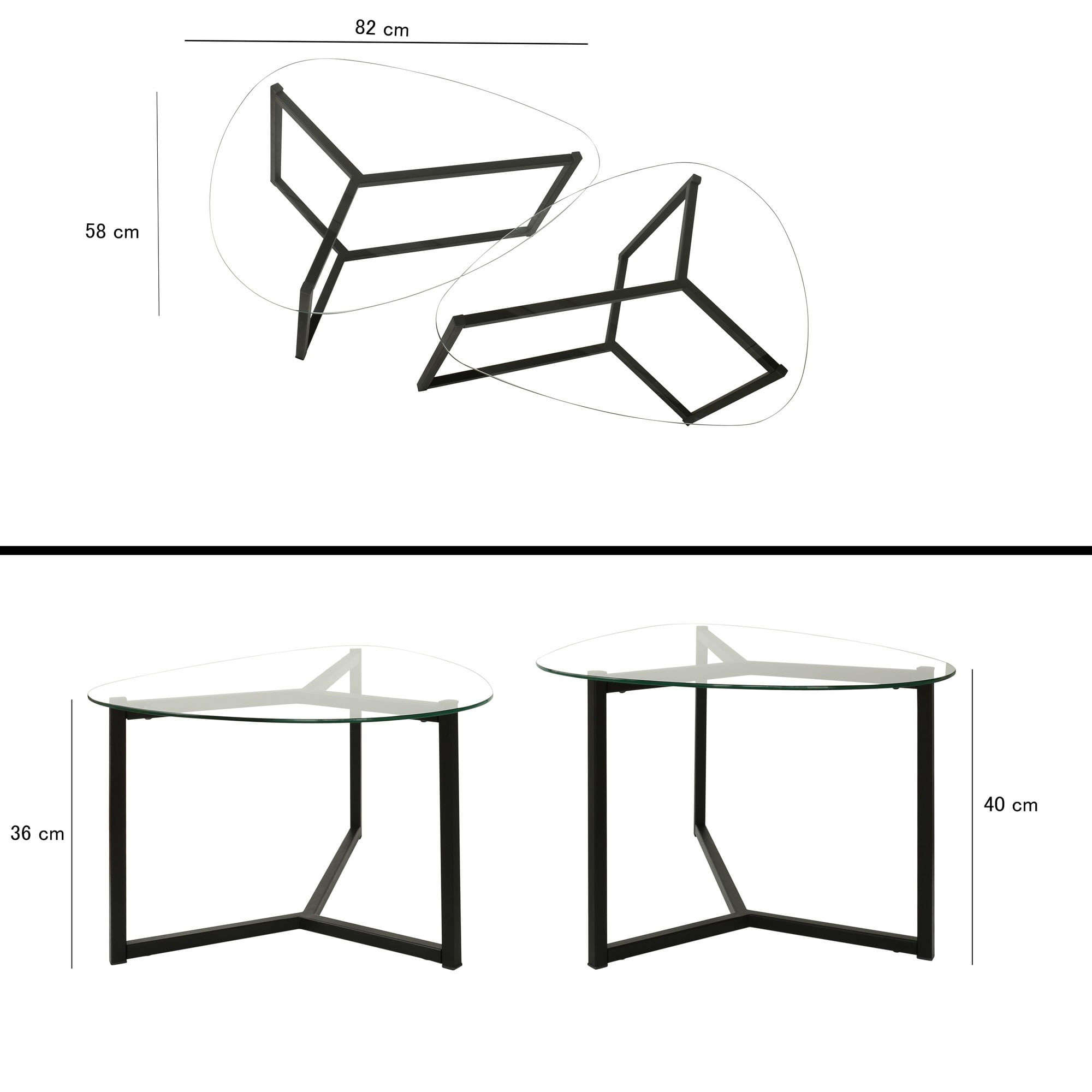 Set masute de cafea, Hanah Home, sticla securizata si metal, negru mat, 82x58x40 cm, 82x58x36 cm — imaginea 5