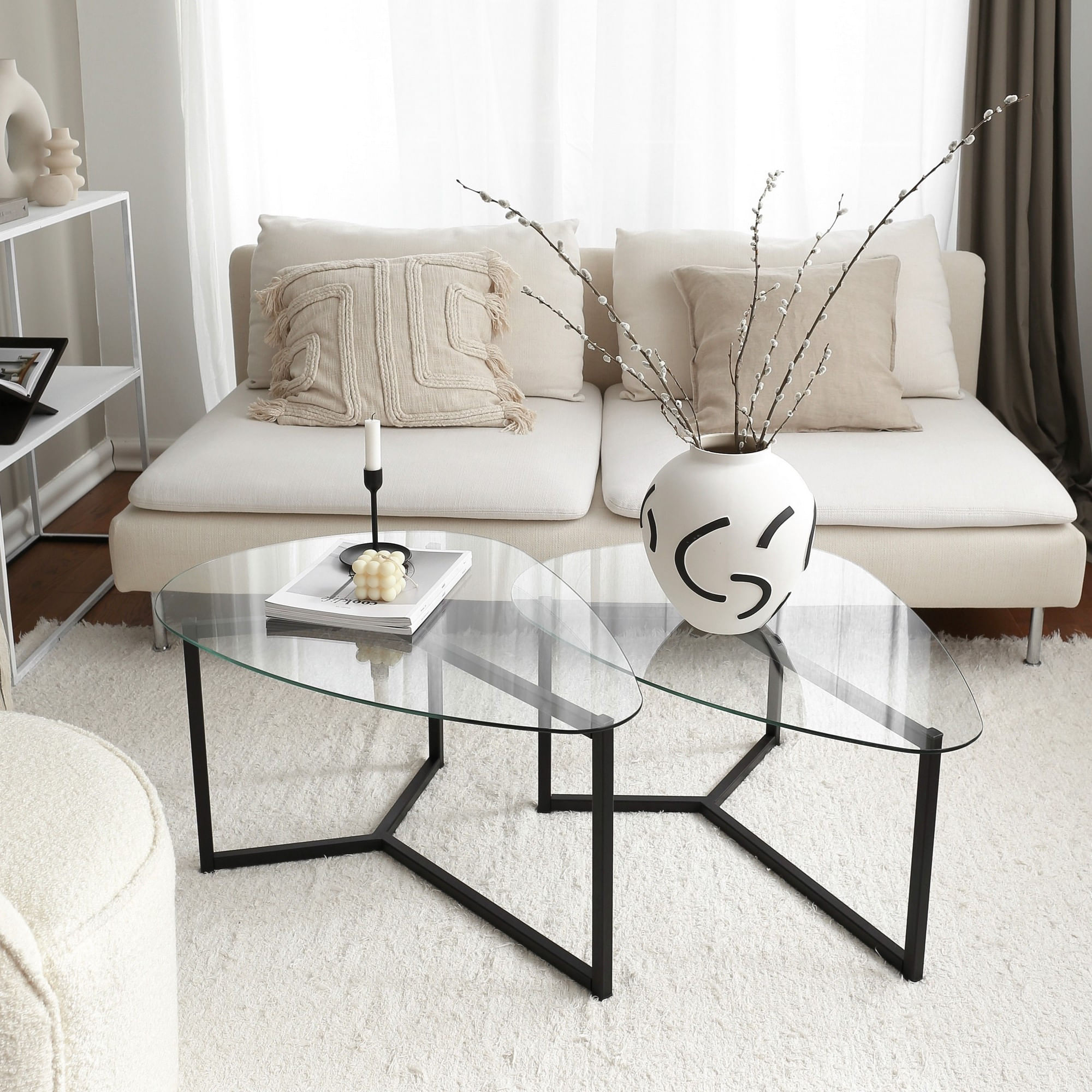 Set masute de cafea, Hanah Home, sticla securizata si metal, negru mat, 82x58x40 cm, 82x58x36 cm — imaginea 6
