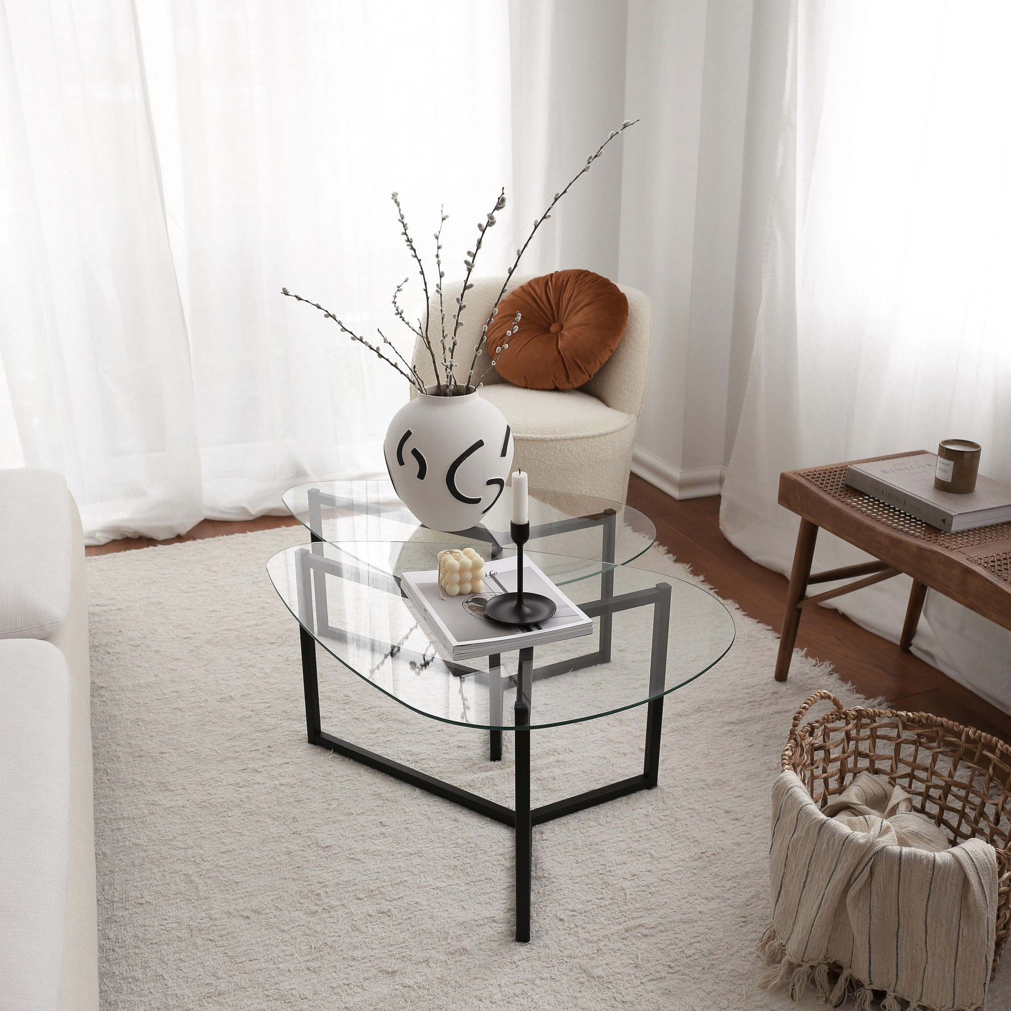 Set masute de cafea, Hanah Home, sticla securizata si metal, negru mat, 82x58x40 cm, 82x58x36 cm — imaginea 7