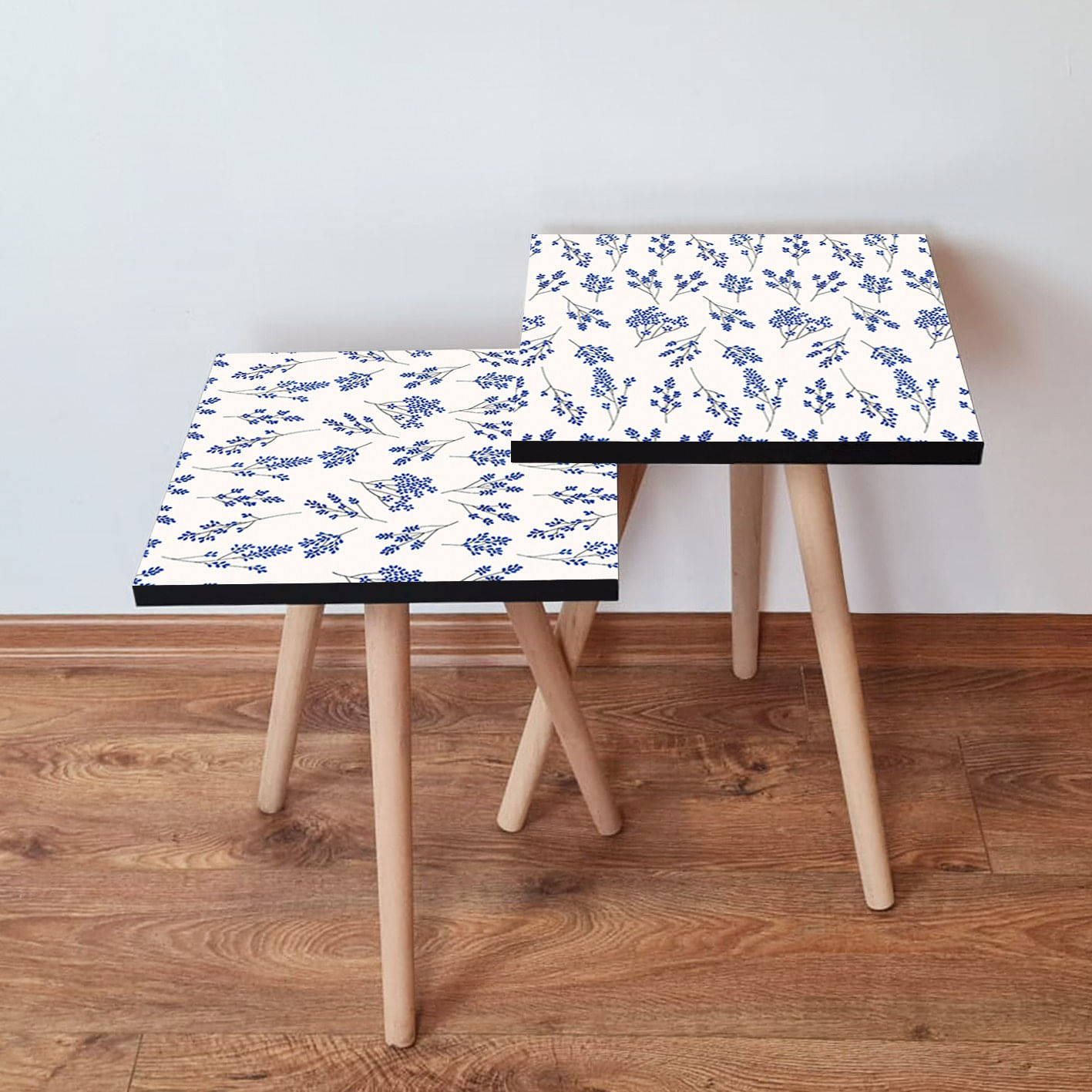 Set masute de cafea, Hanah Home, mdf, alb gri albastru marin, 35x35x47 cm, 35x35x42 cm