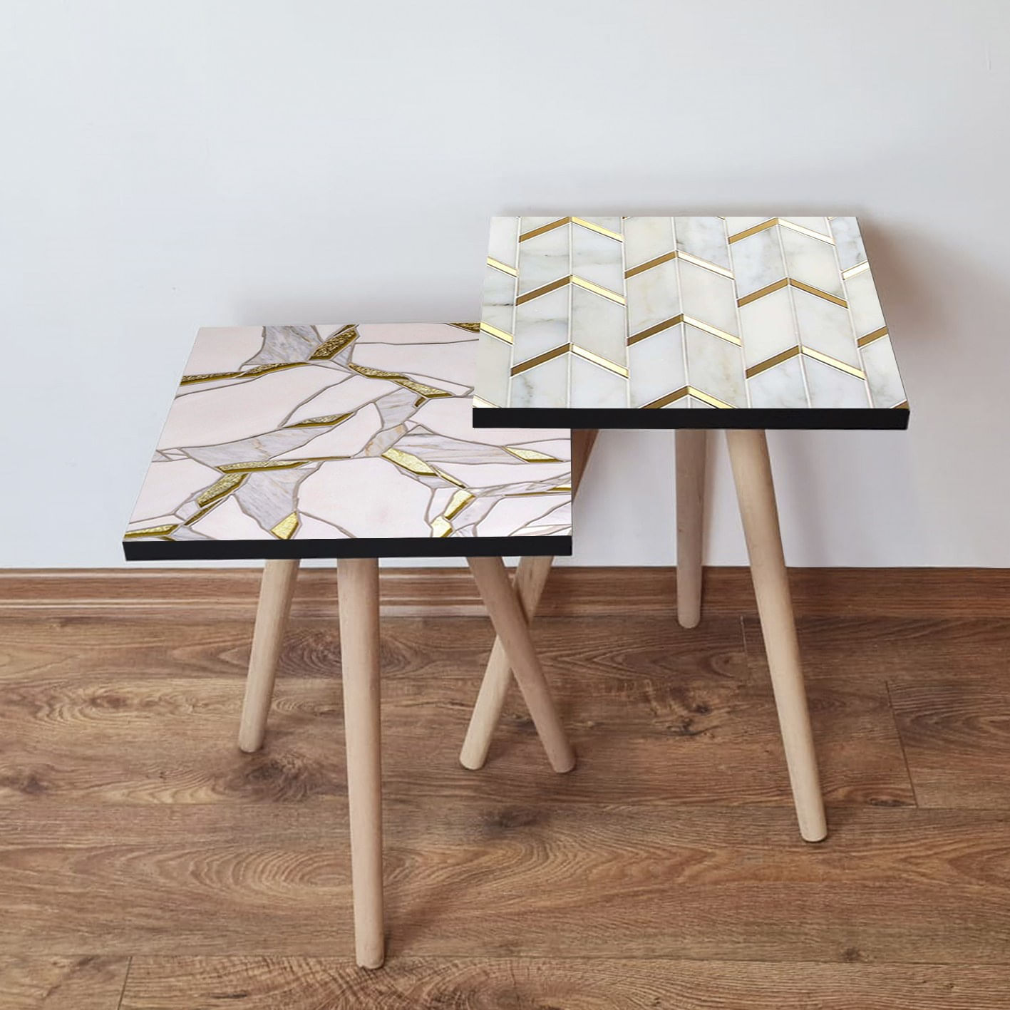 Set masute de cafea, Hanah Home, mdf, picioare fag, roz auriu gri alb, 35x35x47 cm, 2 piese