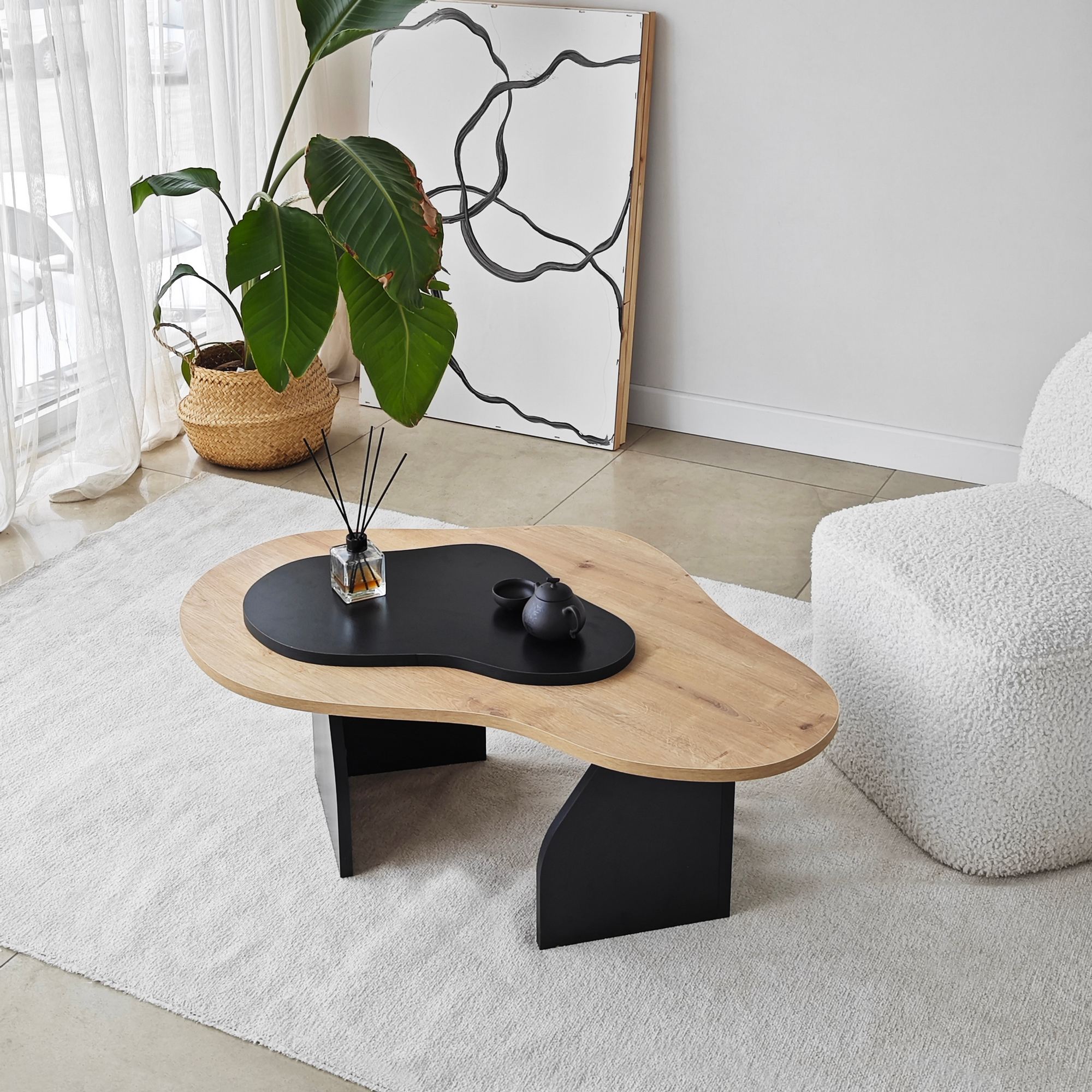Masa de cafea, Hanah Home, pal melaminat, stejar safir si negru, 105x65x35 cm — imaginea 7