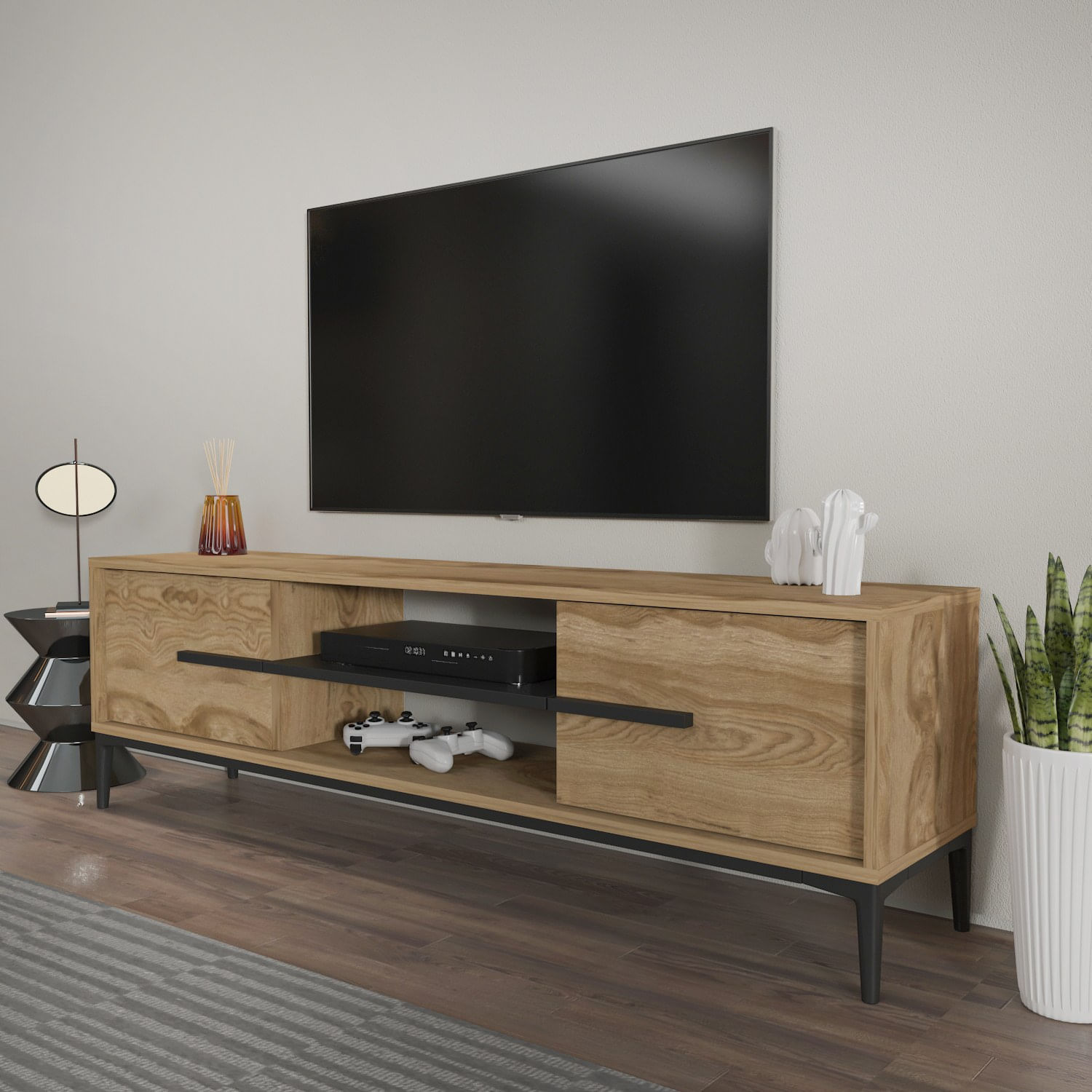 Comoda tv, Hanah Home, pal melaminat, stejar si negru, 120x43.6x29.6 cm — imaginea 3