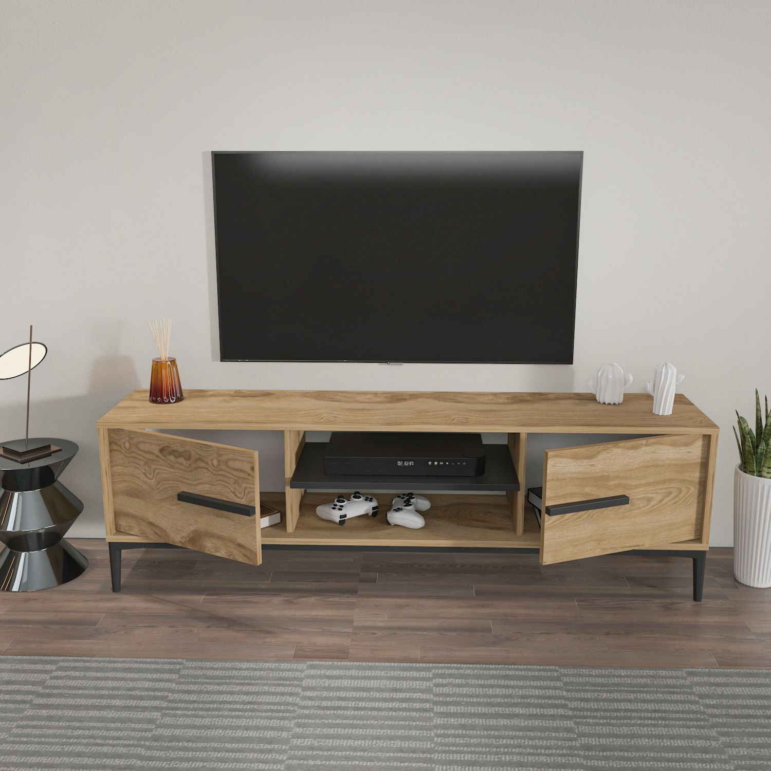 Comoda tv, Hanah Home, pal melaminat, stejar si negru, 120x43.6x29.6 cm — imaginea 4