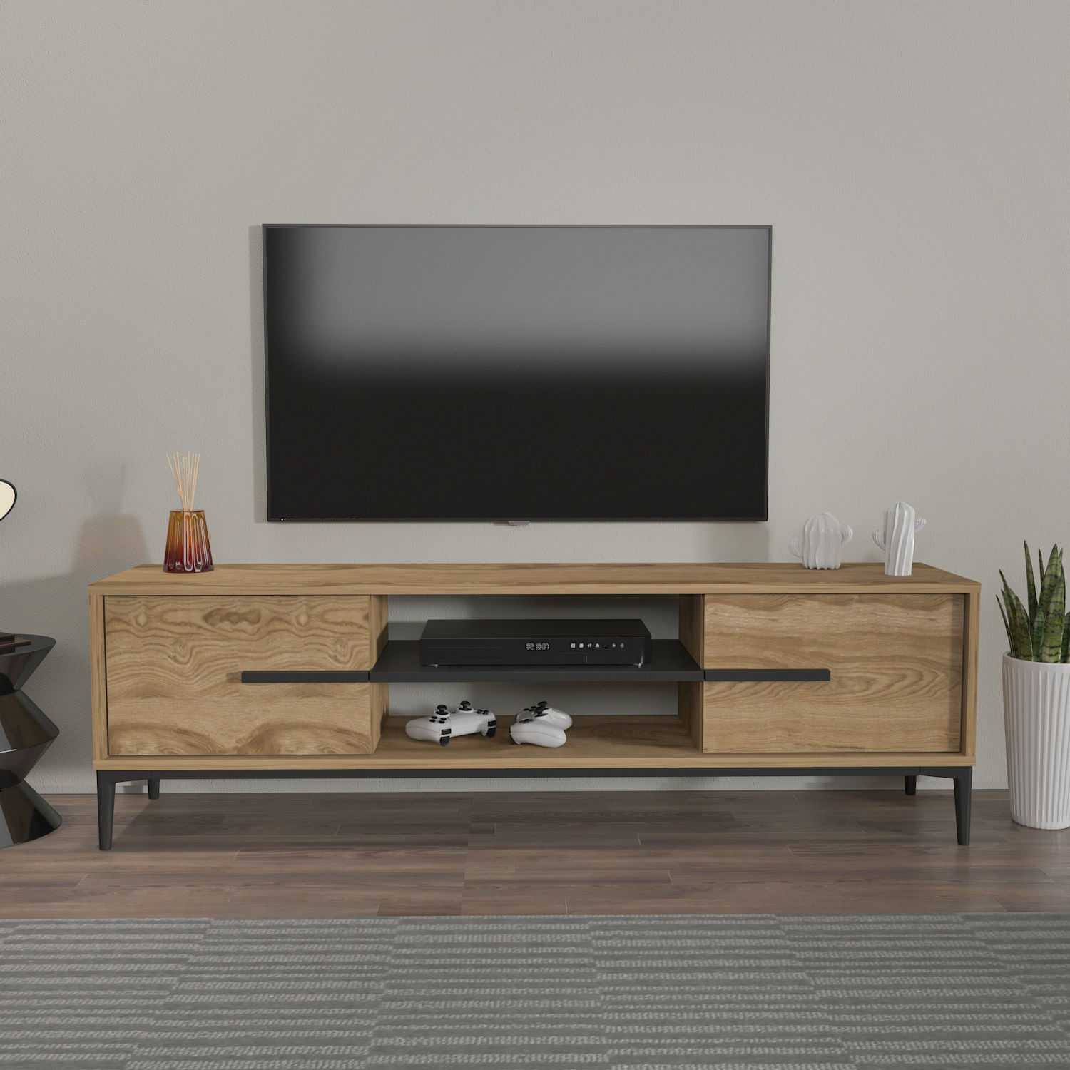 Comoda tv, Hanah Home, pal melaminat, stejar si negru, 120x43.6x29.6 cm — imaginea 5