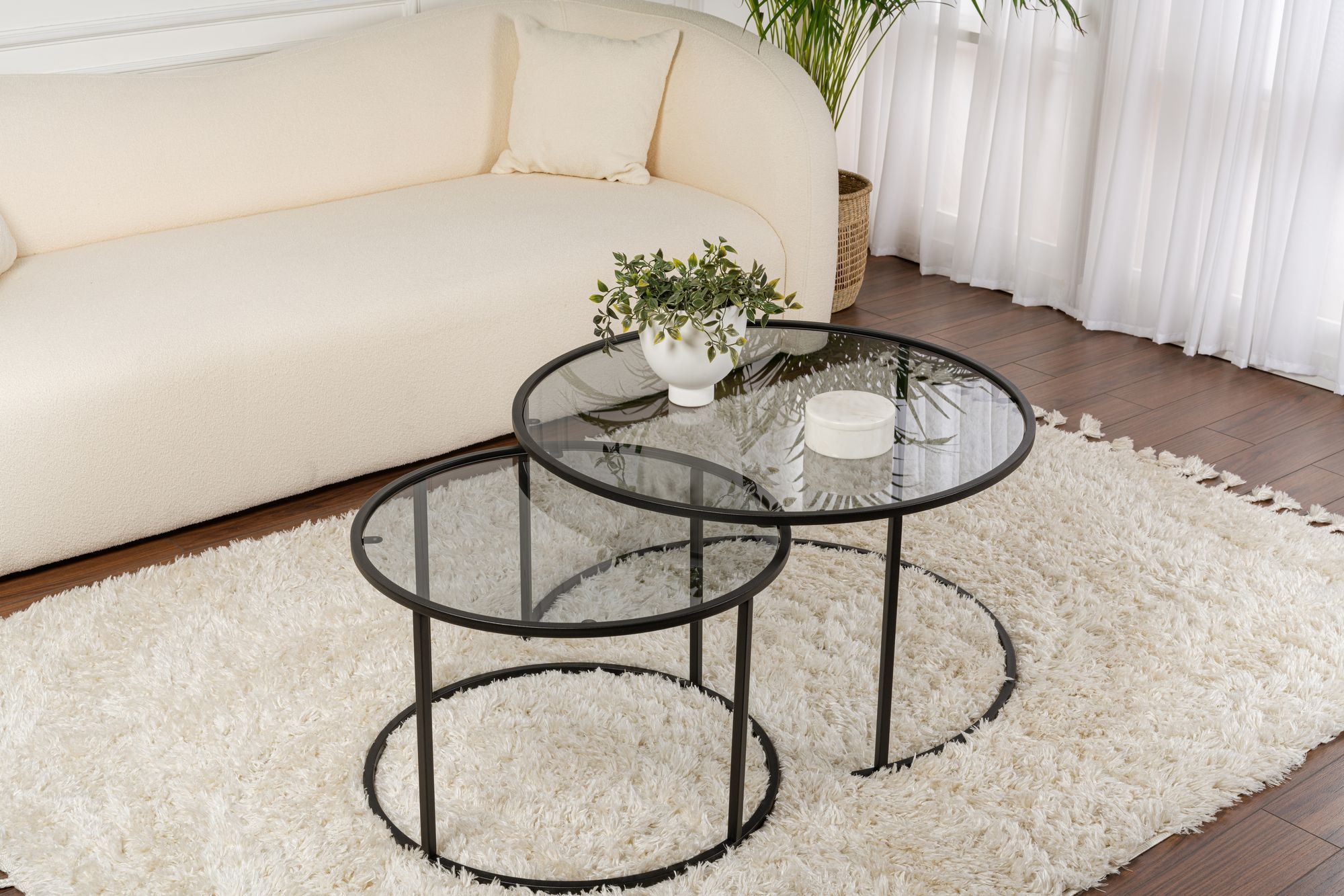 Set masute de cafea, Hanah Home, sticla securizata si metal, negru si gri, 80x43x80 cm si 60x39x60 cm — imaginea 5