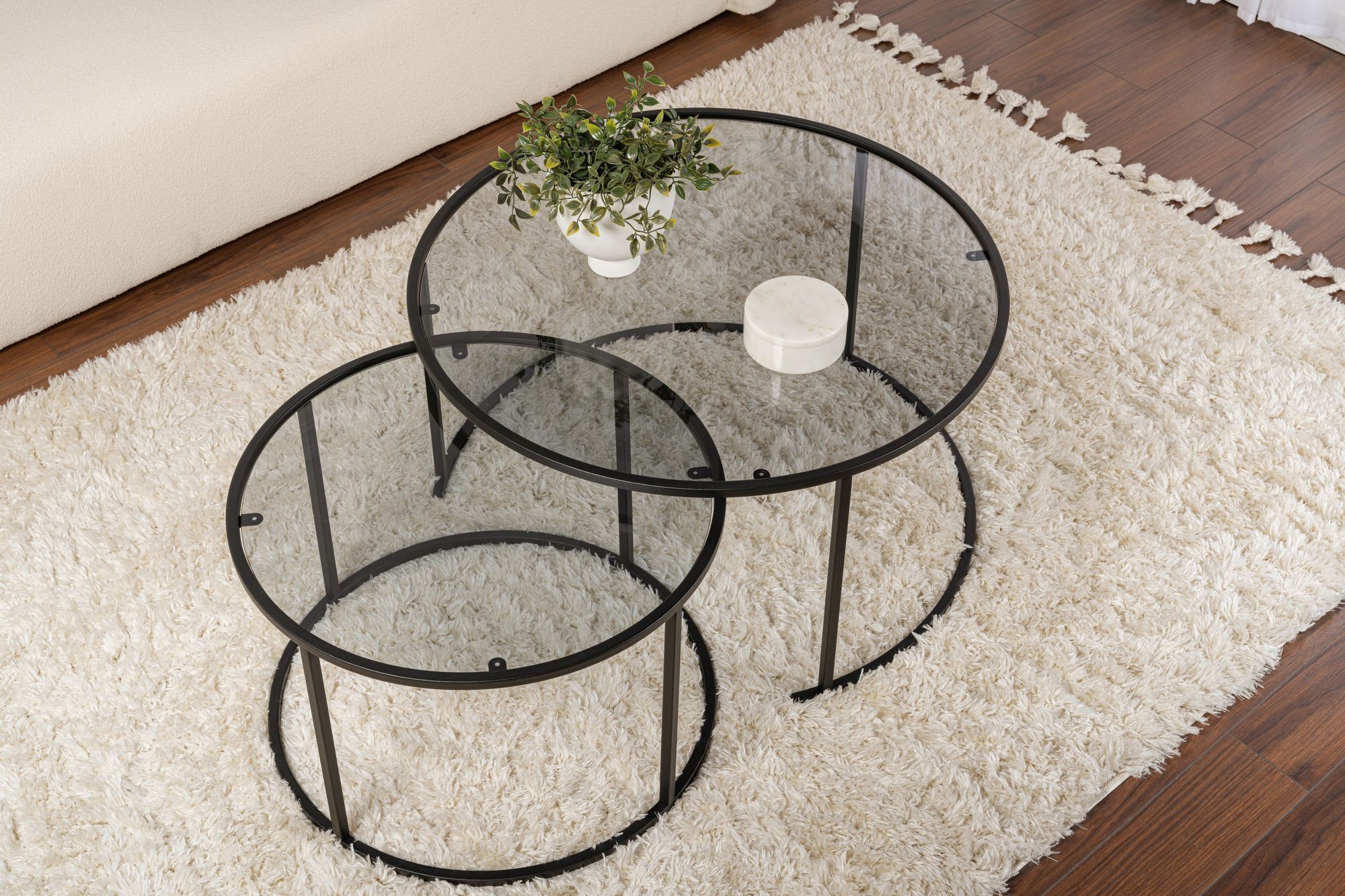 Set masute de cafea, Hanah Home, sticla securizata si metal, negru si gri, 80x43x80 cm si 60x39x60 cm — imaginea 6