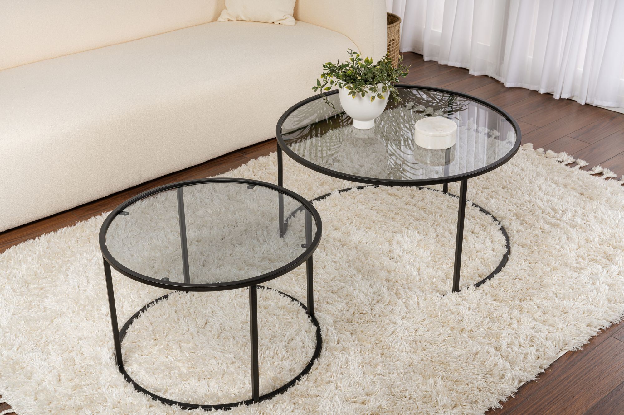 Set masute de cafea, Hanah Home, sticla securizata si metal, negru si gri, 80x43x80 cm si 60x39x60 cm — imaginea 7