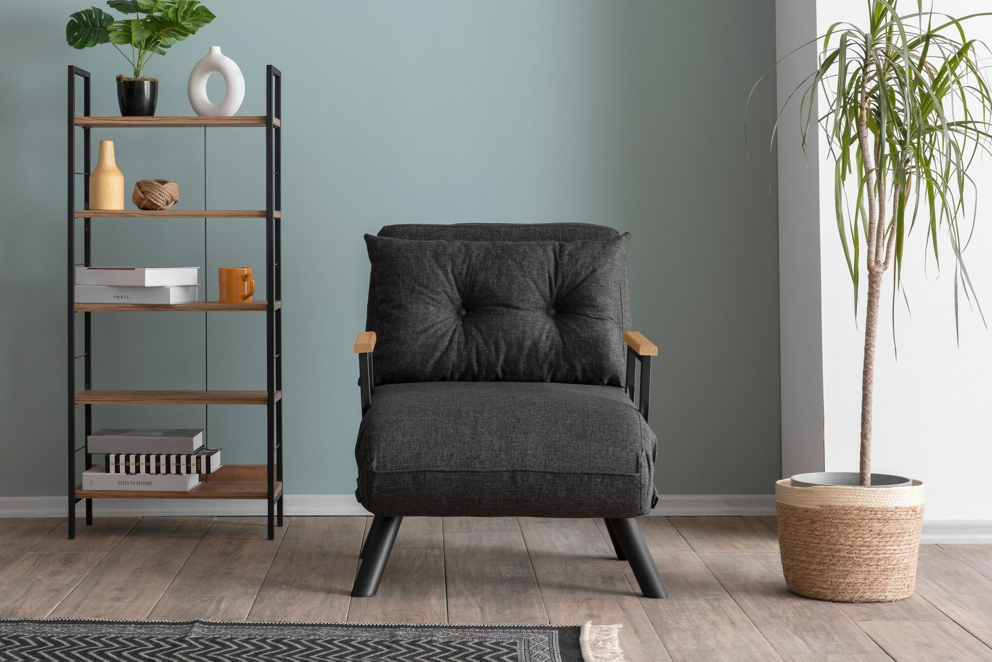 Canapea extensibila, Hanah Home, metal, stofa in, gri inchis, 175x60 cm — imaginea 6