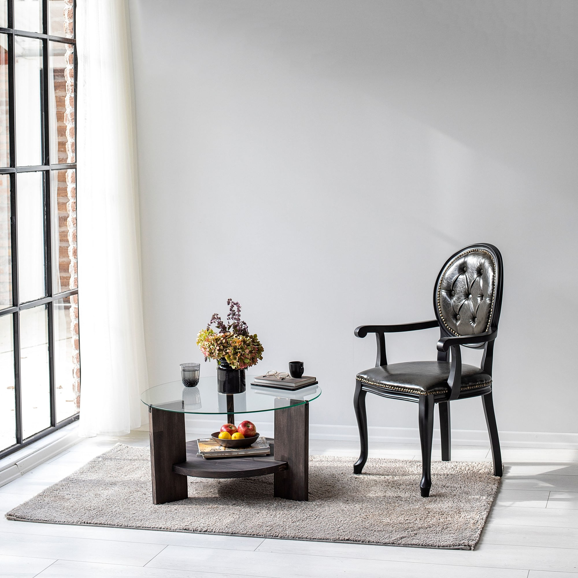 Masa de cafea, Hanah Home, sticla calita, cadru lemn masiv pin, antracit, 75x75x40 cm — imaginea 3