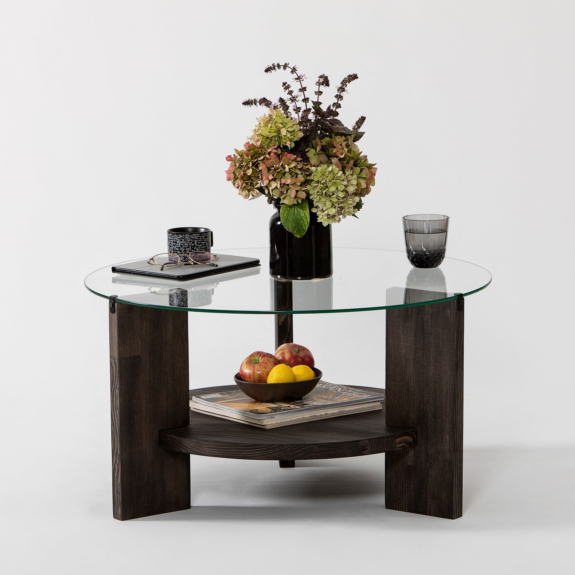 Masa de cafea, Hanah Home, sticla calita, cadru lemn masiv pin, antracit, 75x75x40 cm — imaginea 4