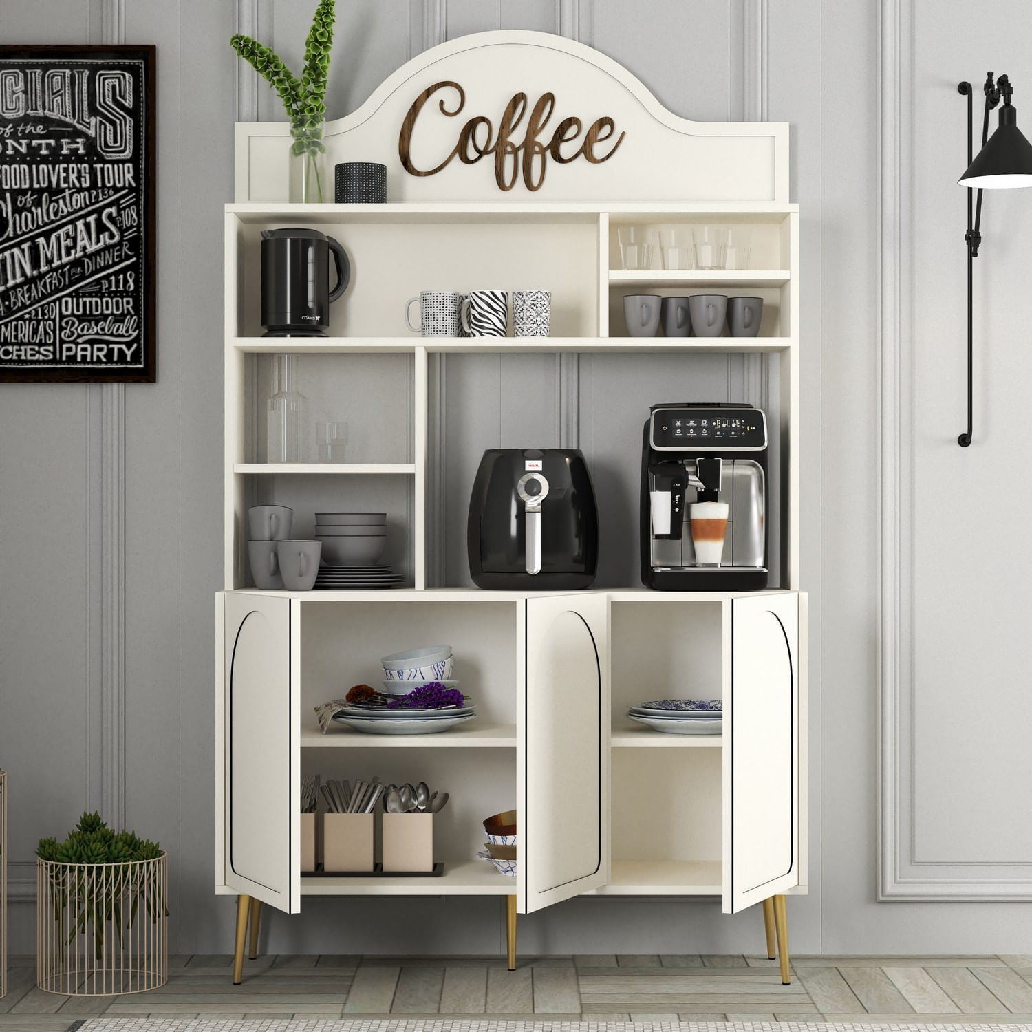 Dulap bar cafea, Hanah Home, panou de particule melaminat, crem auriu, 120x35x202 cm - imagine 2