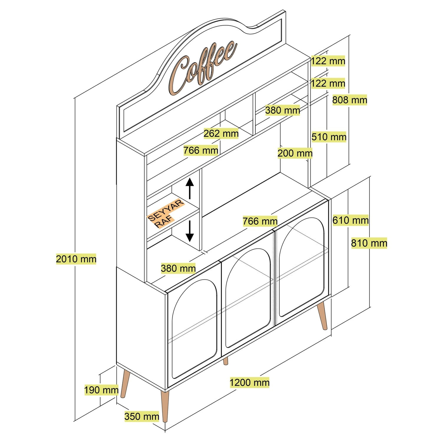 Dulap bar cafea, Hanah Home, panou de particule melaminat, crem auriu, 120x35x202 cm - imagine 3