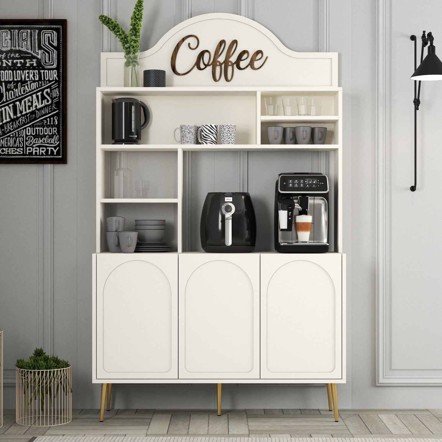 Dulap bar cafea, Hanah Home, panou de particule melaminat, crem auriu, 120x35x202 cm - imagine 6