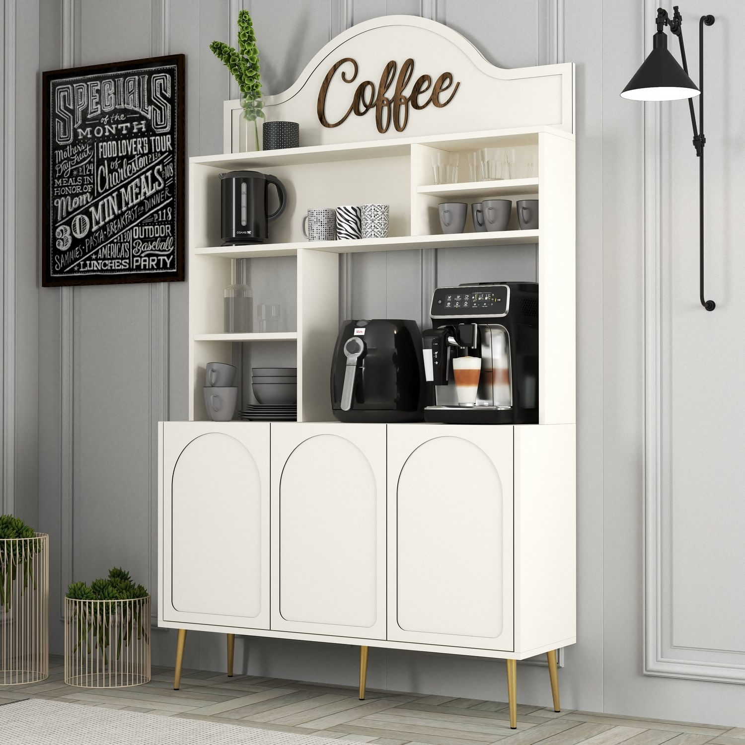 Dulap bar cafea, Hanah Home, panou de particule melaminat, crem auriu, 120x35x202 cm - imagine 7