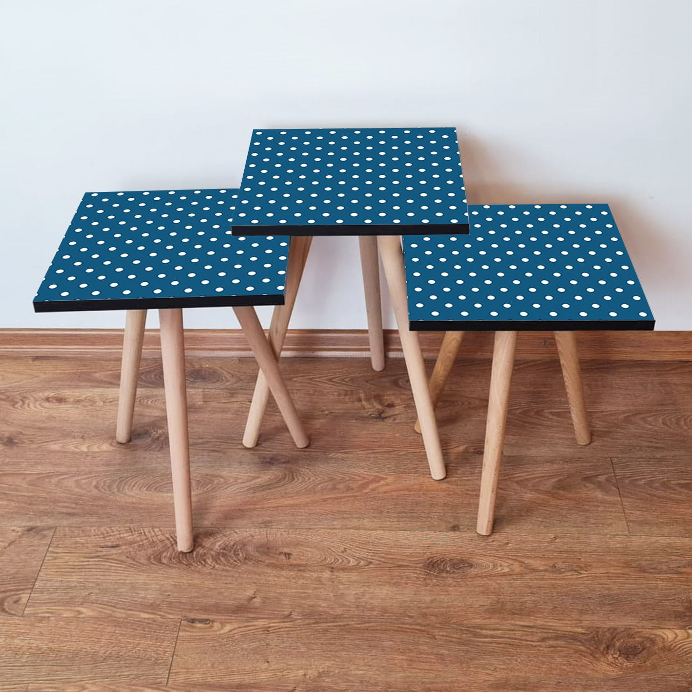 Set masute de cafea, Hanah Home, mdf, albastru marin si alb, 3 piese, 481LNA2980