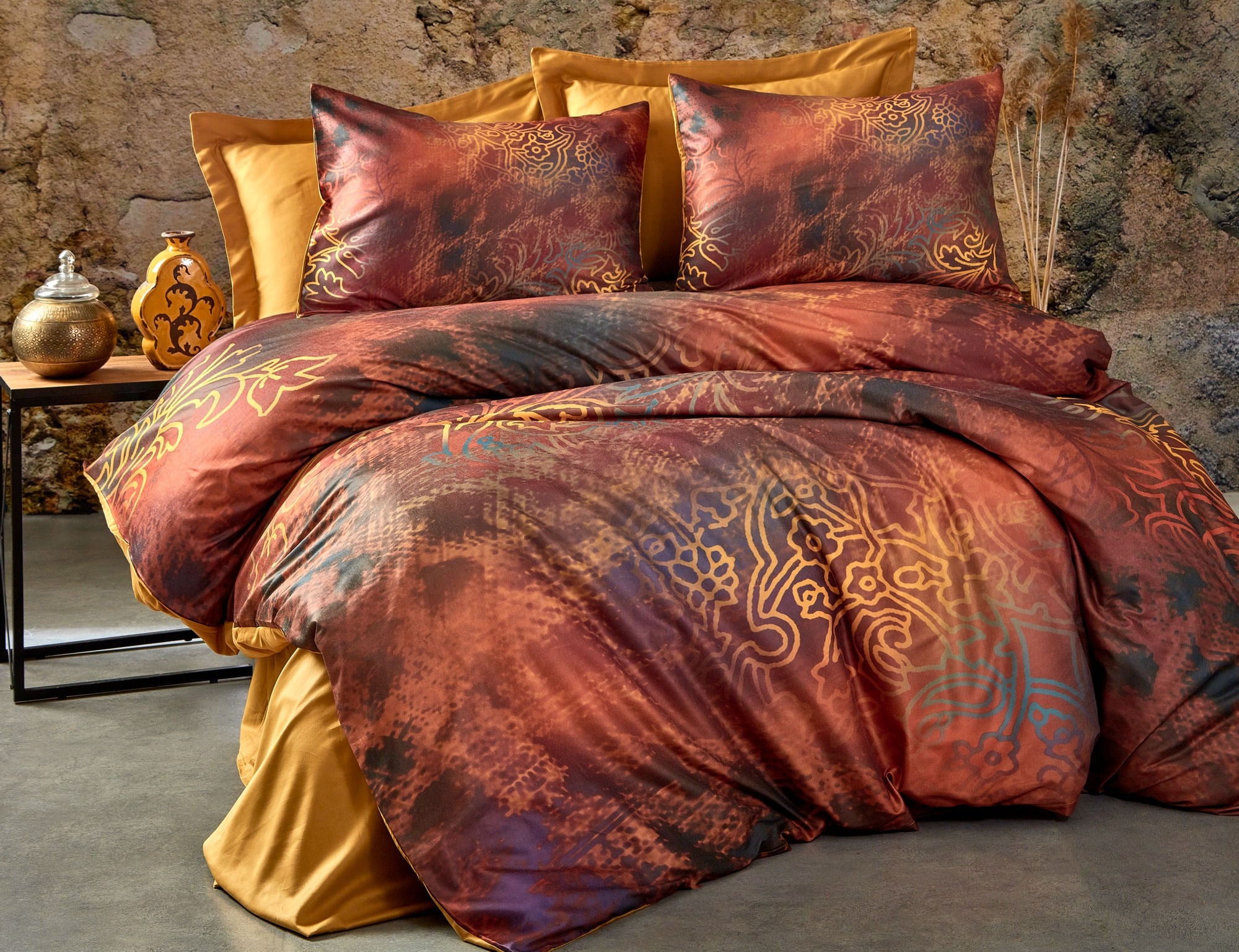 Set lenjerie pat dublu, L'essentiel Maison, rosu auriu, 200x220 cm, microsatina poliester, bumbac