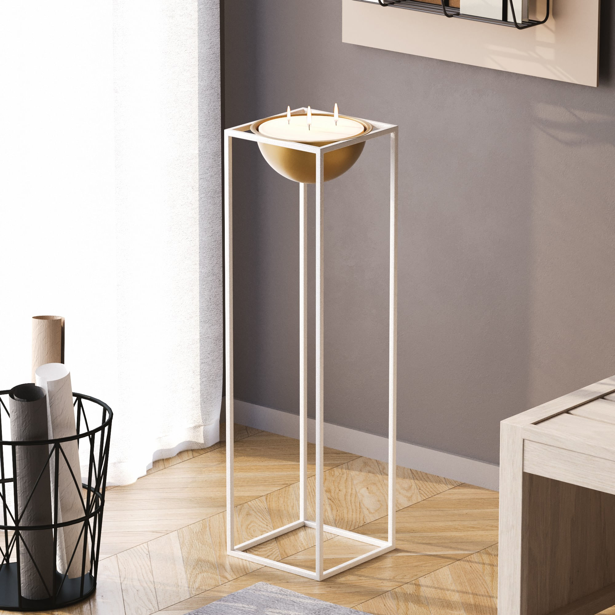 Ghiveci decorativ, Aberto Design, metal, alb auriu, 28x28x80 cm — imaginea 3