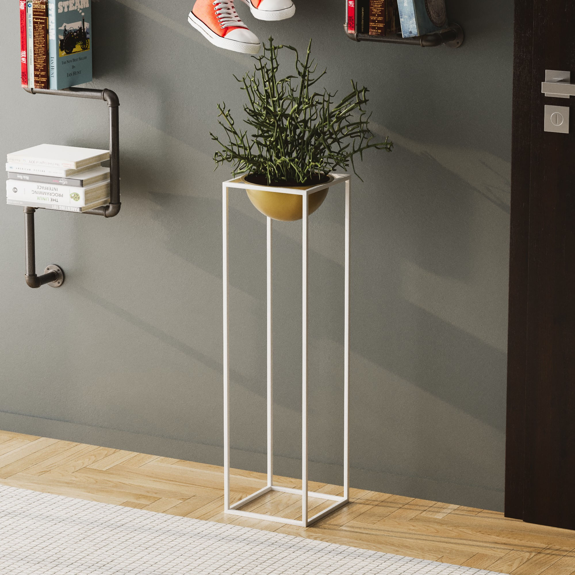 Ghiveci decorativ, Aberto Design, metal, alb auriu, 28x28x80 cm — imaginea 6