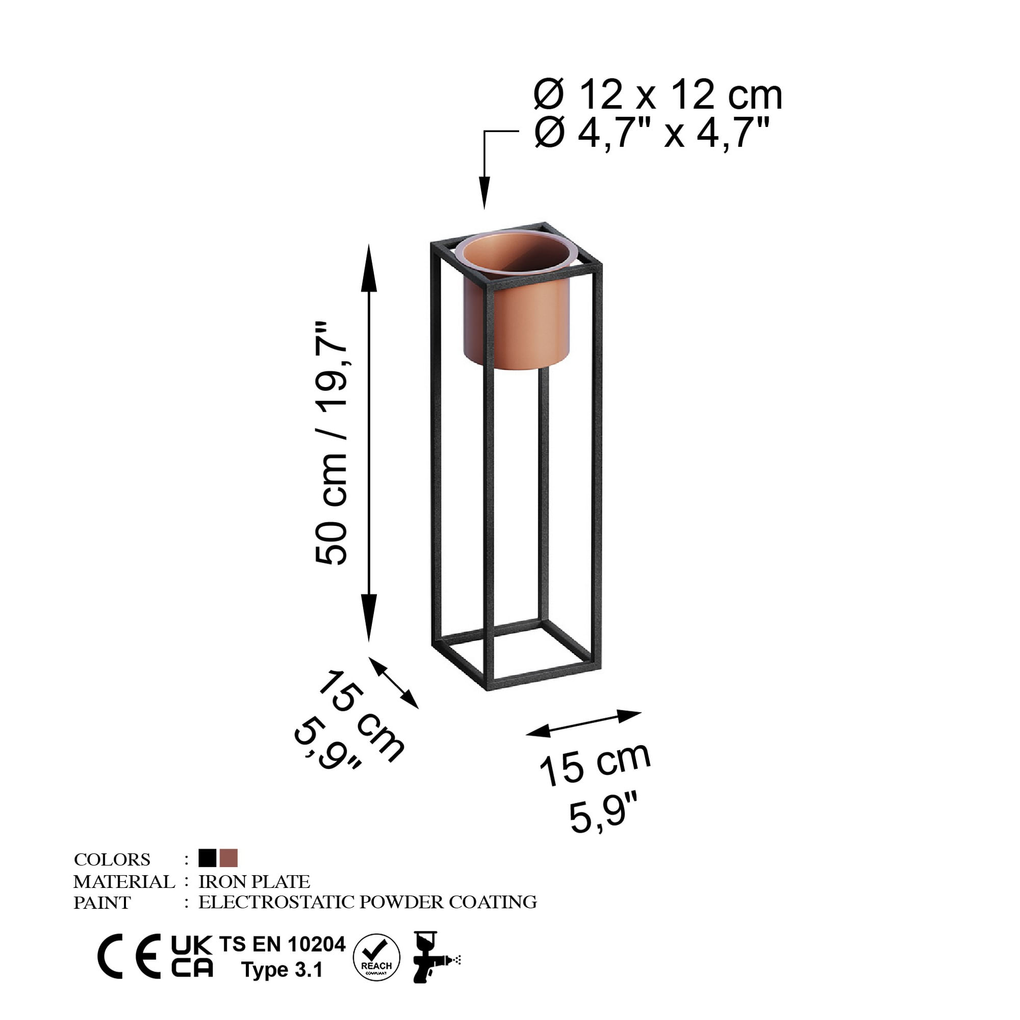 Ghiveci decorativ, Aberto Design, metal, negru cupru, 15x15x50 cm — imaginea 2