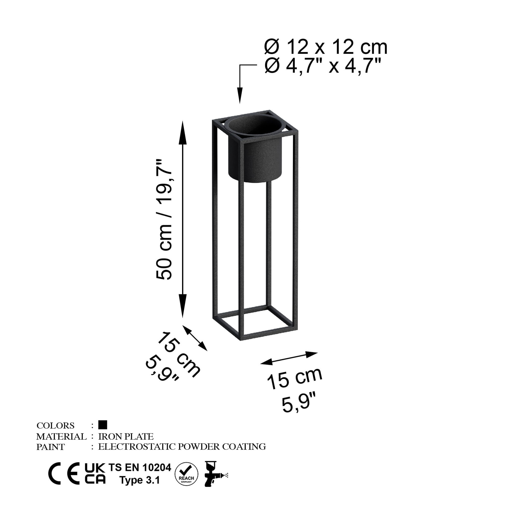 Ghiveci decorativ, Aberto Design, metal, negru, 15x15x50 cm — imaginea 4