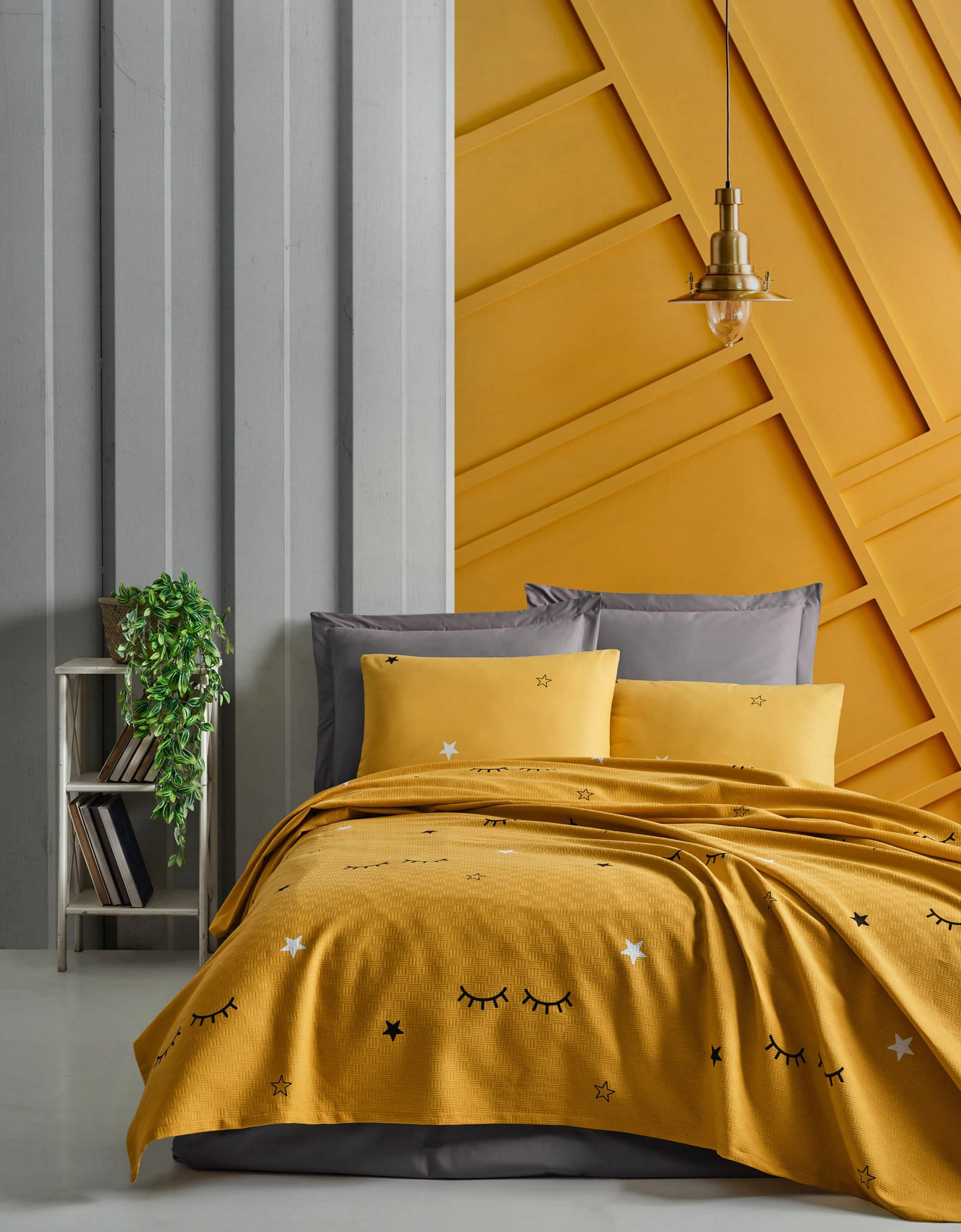 Set lenjerie pat dublu, L'essentiel Maison, galben, bumbac 100%, pique 200x235 cm, cearceaf 240x260 cm, fete de perna 50x70 cm