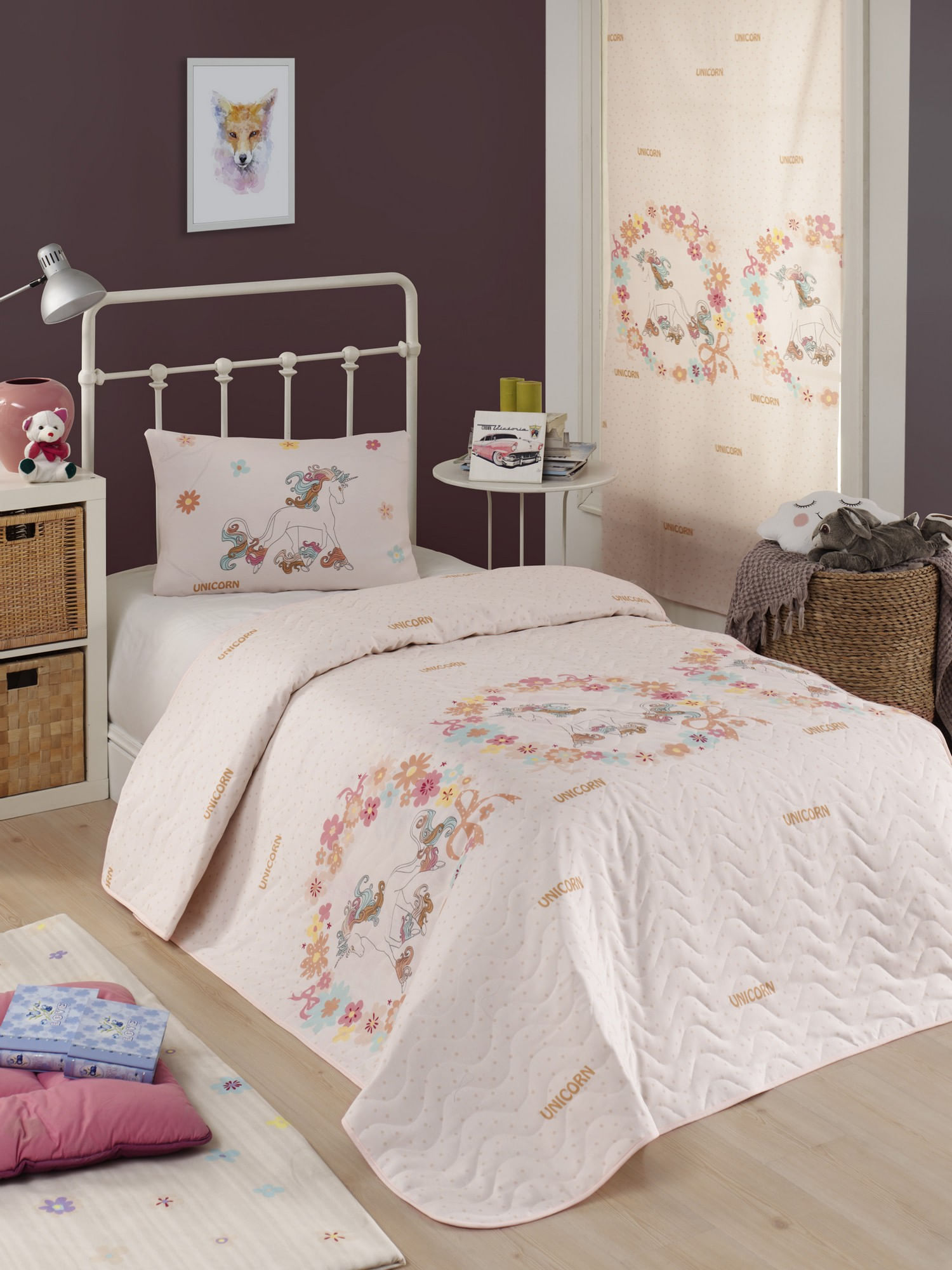 Set cuvertura matlasata single, L'essentiel Maison, roz, bej, 160x220 cm, bumbac, poliester