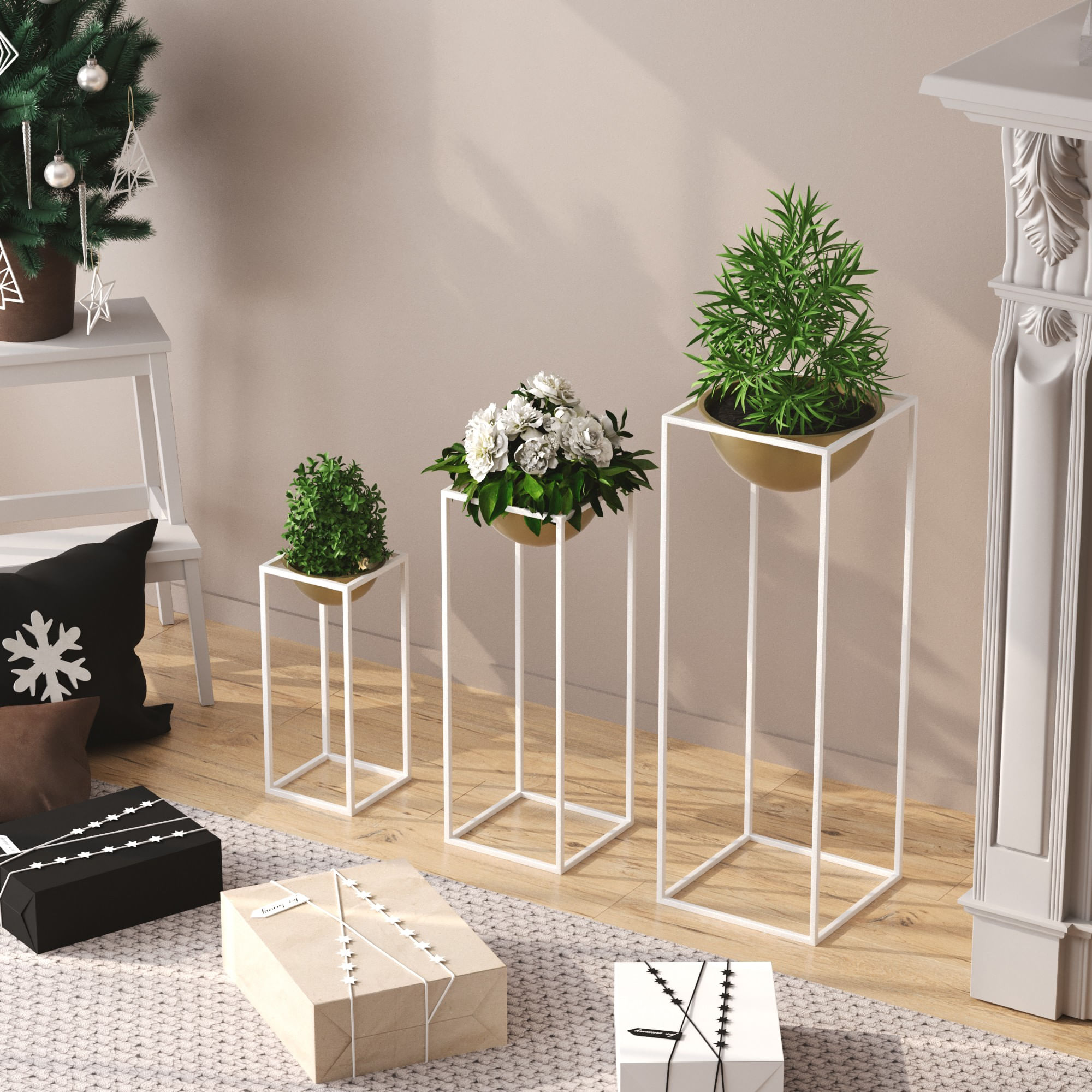 Set ghivece decorative, Aberto Design, metal, alb auriu, 3 bucati — imaginea 3