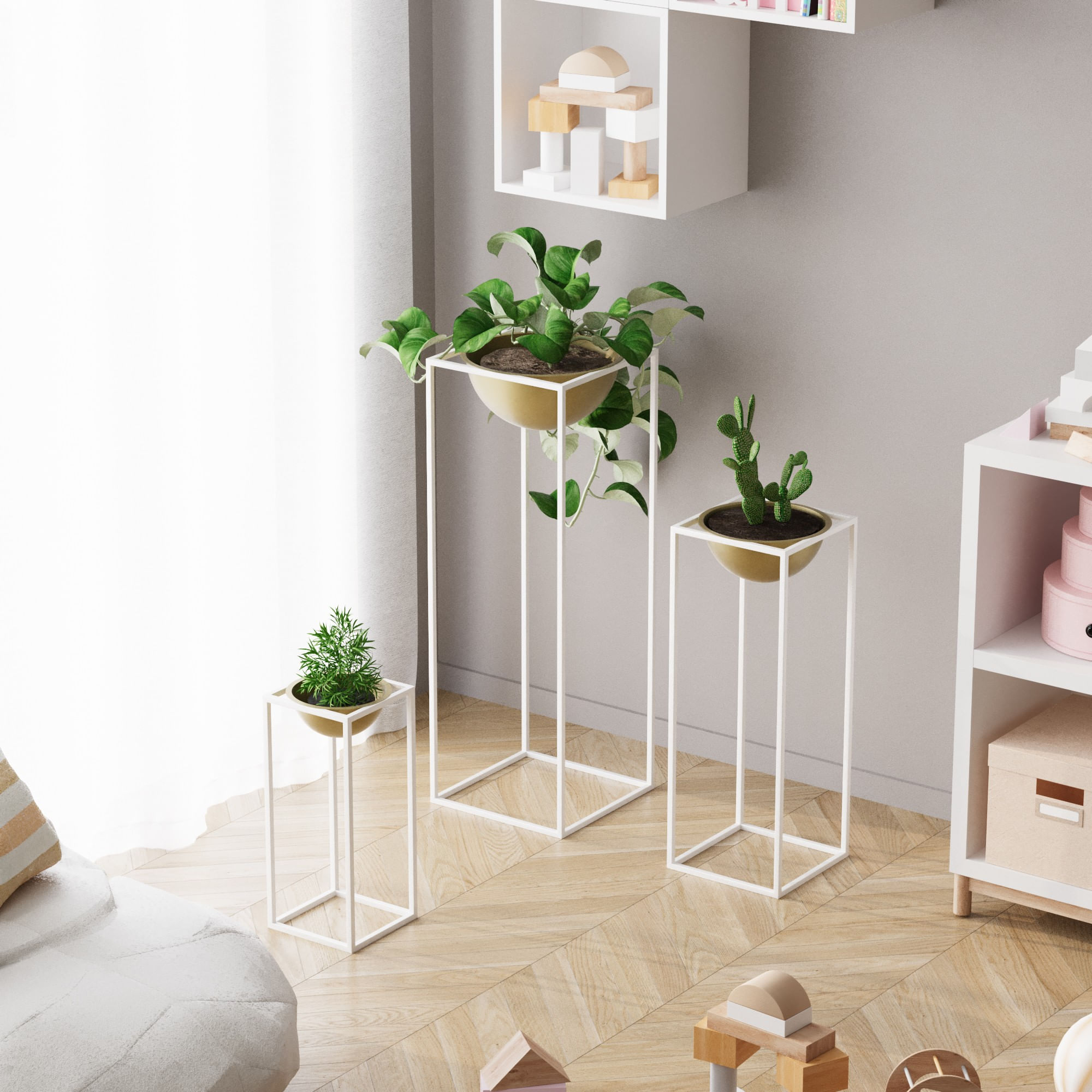 Set ghivece decorative, Aberto Design, metal, alb auriu, 3 bucati — imaginea 5