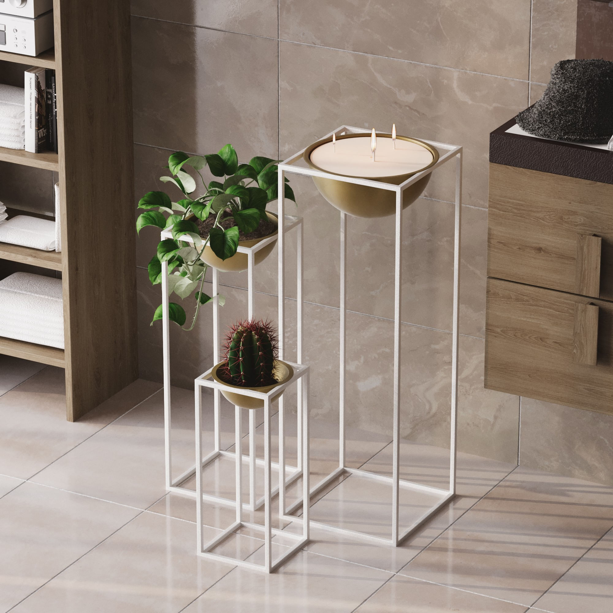 Set ghivece decorative, Aberto Design, metal, alb auriu, 3 bucati — imaginea 6