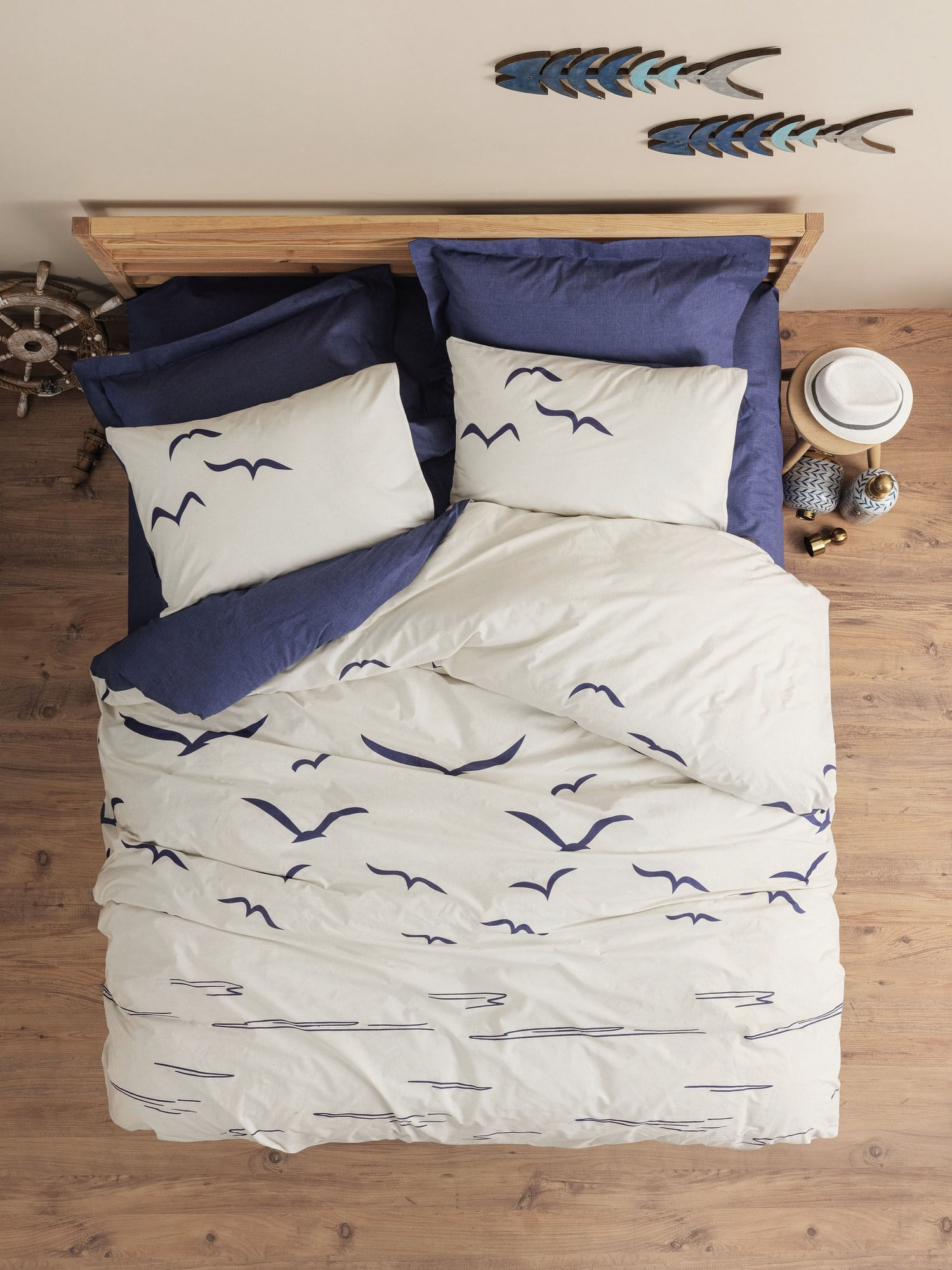 Set lenjerie de pat, L'essentiel Maison, albastru inchis alb, 200x220 cm, 100% bumbac ranforce - imagine 2
