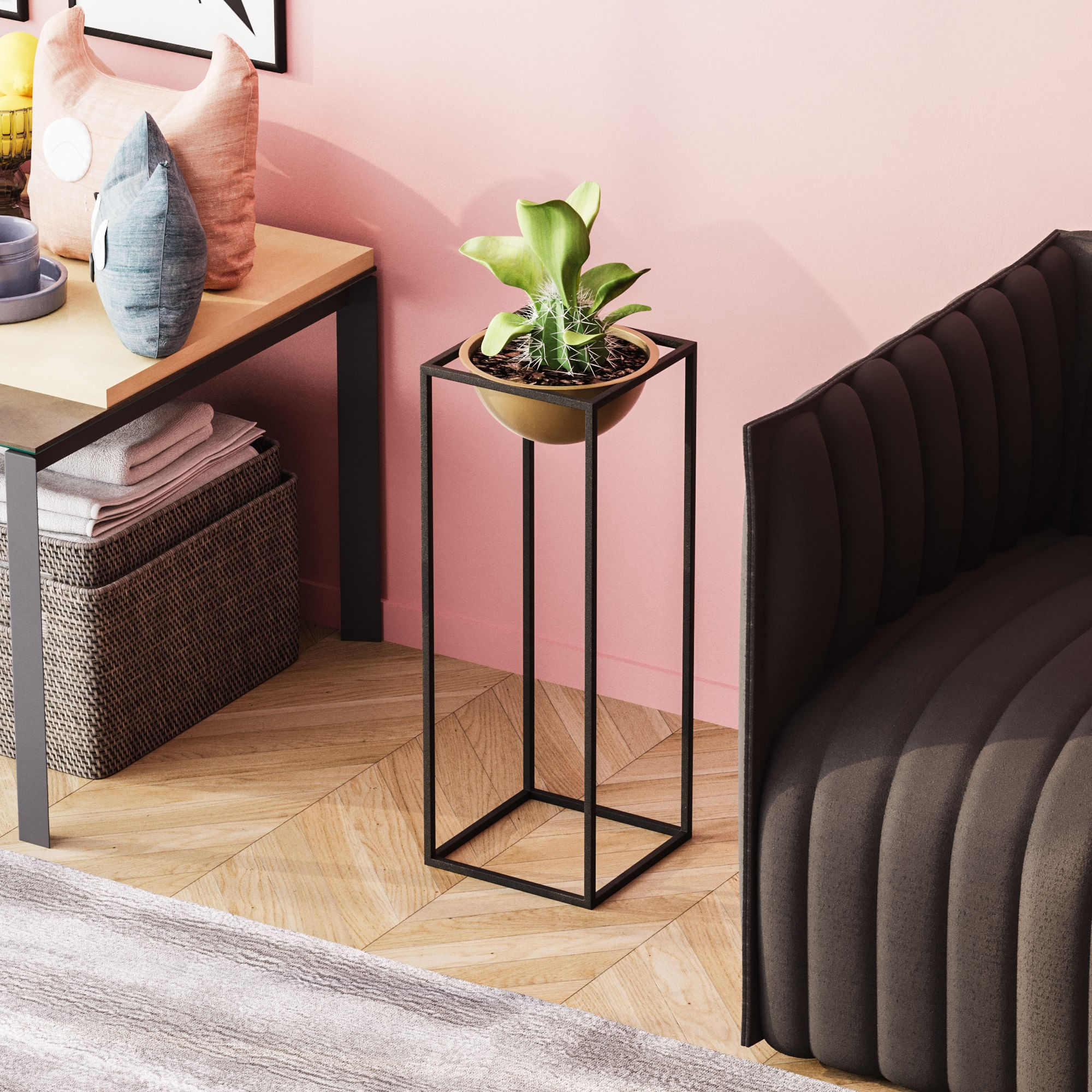 Ghiveci decorativ, Aberto Design, metal, negru auriu, 22x22x60 cm — imaginea 4