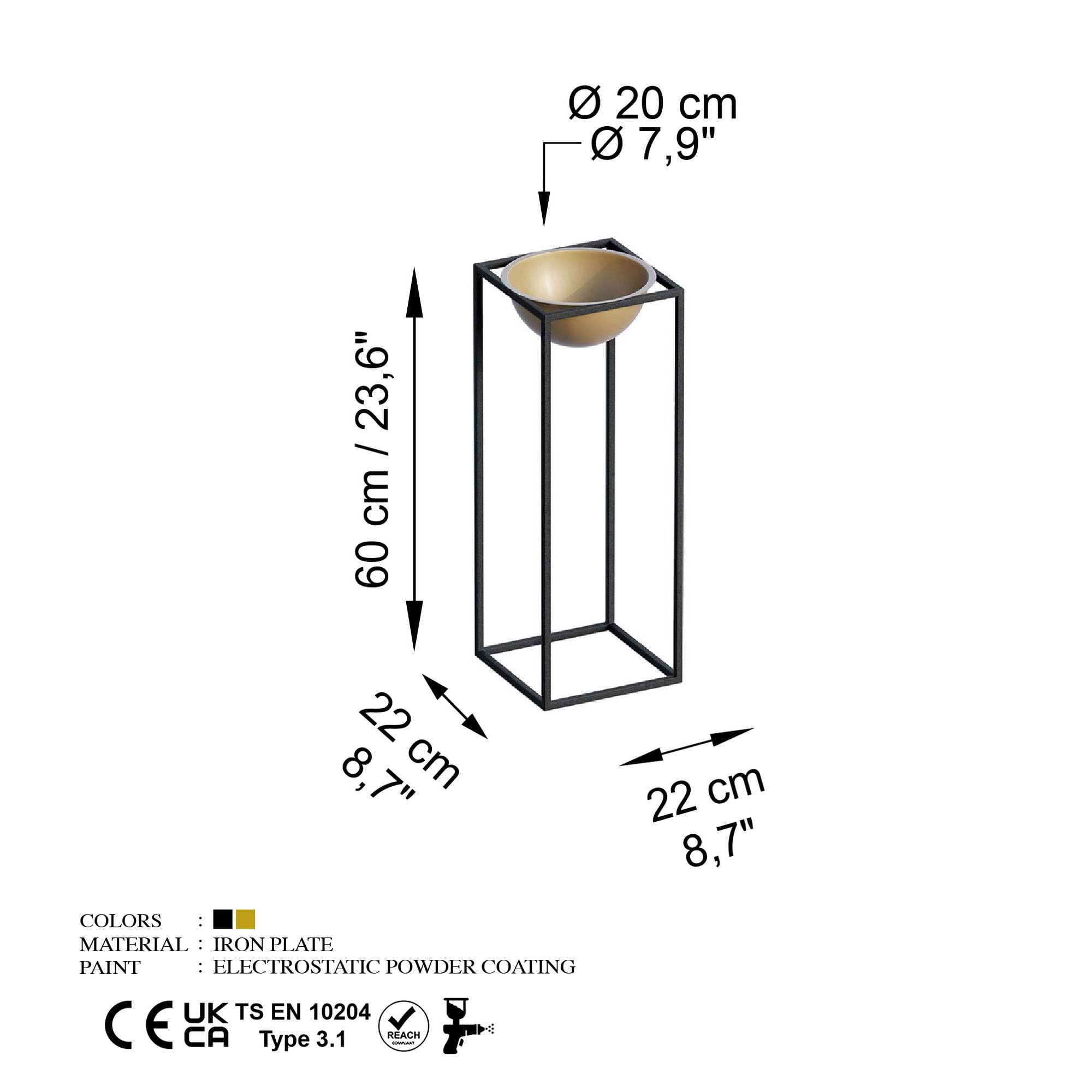 Ghiveci decorativ, Aberto Design, metal, negru auriu, 22x22x60 cm — imaginea 5