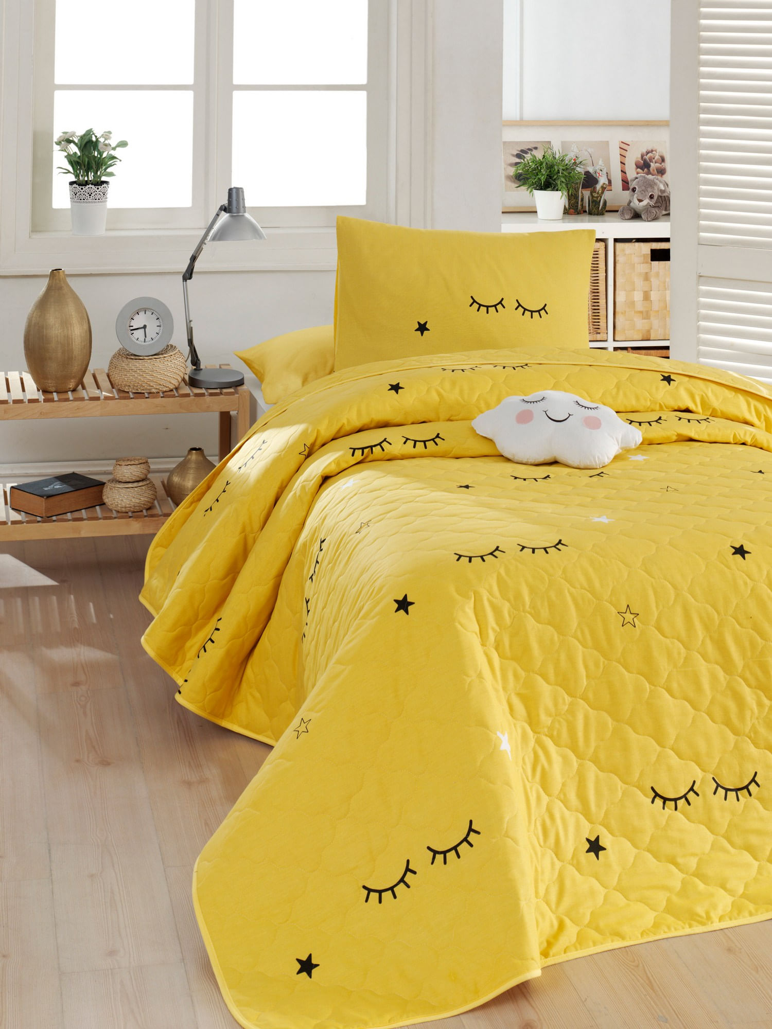 Set cuvertura pat single, L'essentiel Maison, galben, 160x220 cm, bumbac si poliester