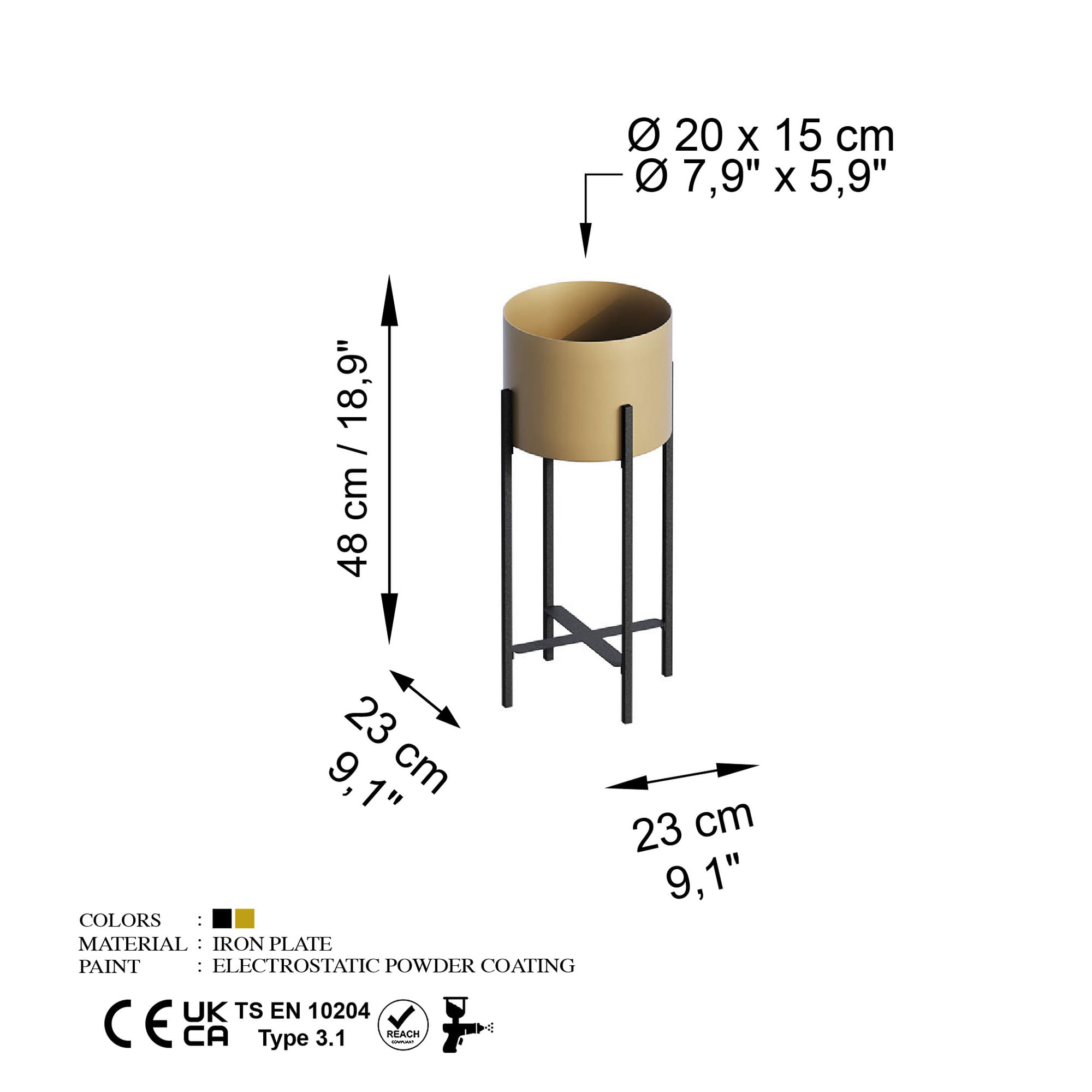 Ghiveci decorativ, Aberto Design, metal, negru auriu, 23x23x48 cm — imaginea 3