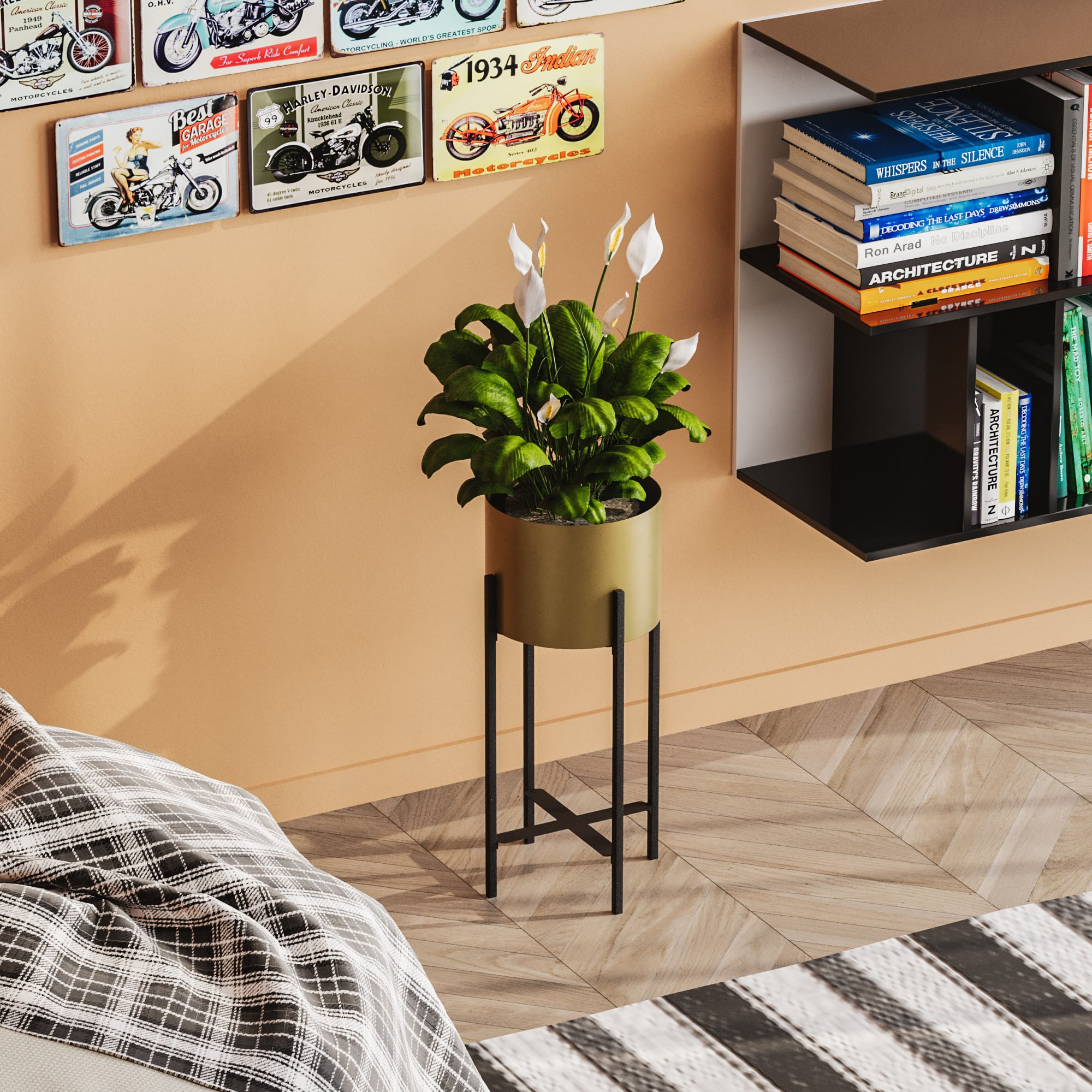 Ghiveci decorativ, Aberto Design, metal, negru auriu, 23x23x48 cm — imaginea 4