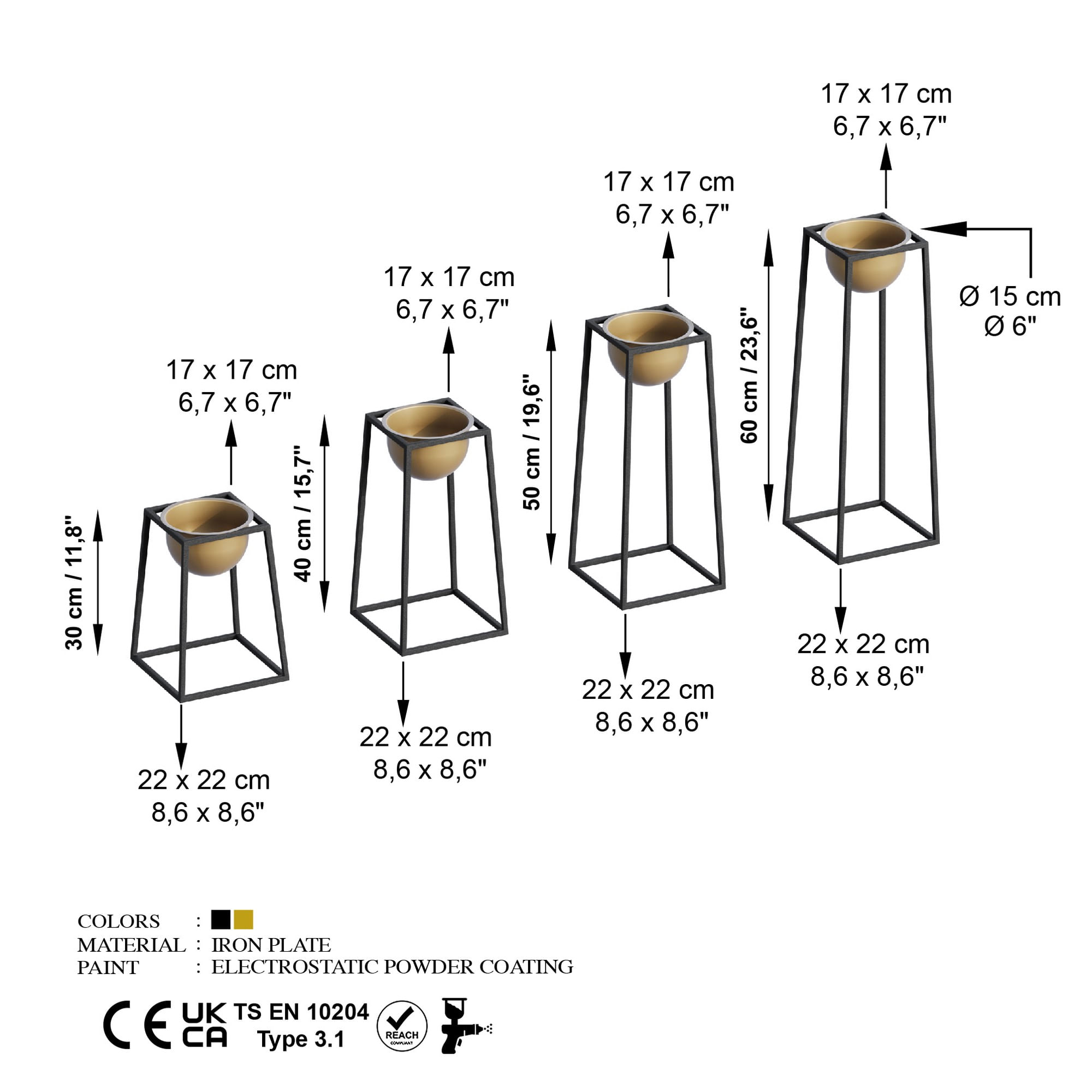 Ghiveci decorativ, Aberto Design, metal, negru auriu, 17x30x30-60 cm — imaginea 2