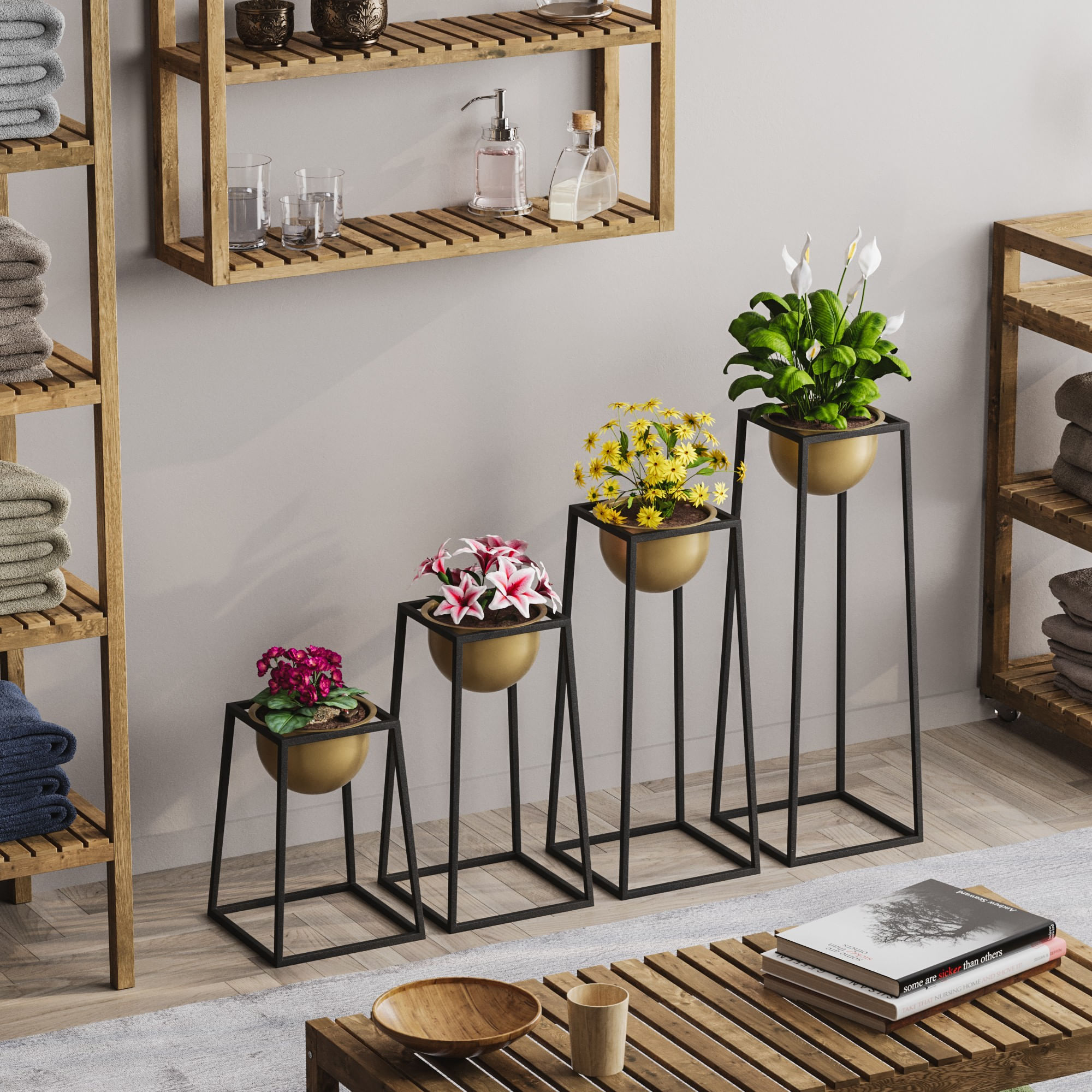 Ghiveci decorativ, Aberto Design, metal, negru auriu, 17x30x30-60 cm — imaginea 3