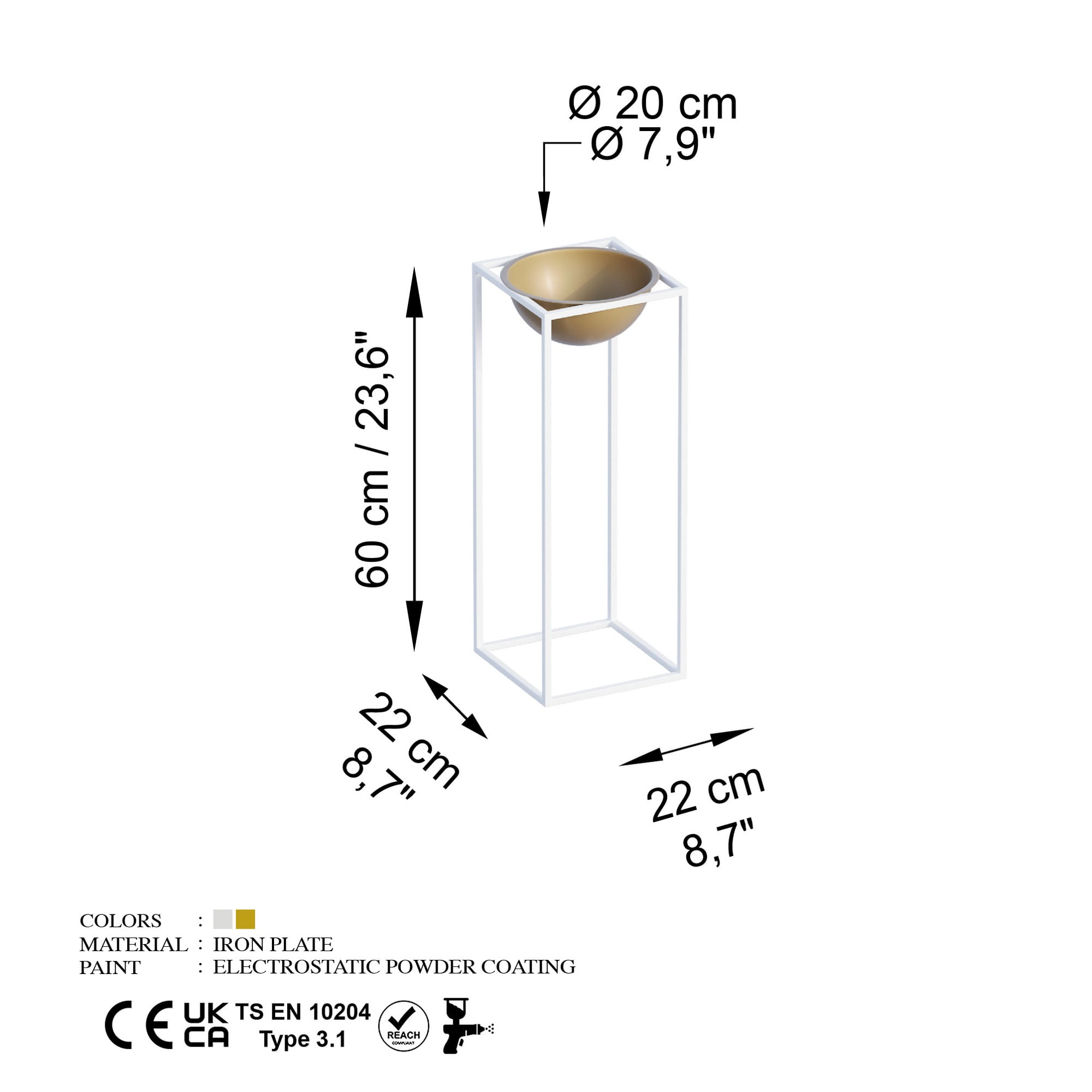 Ghiveci decorativ, Aberto Design, metal, alb auriu, 22x22x60 cm — imaginea 2