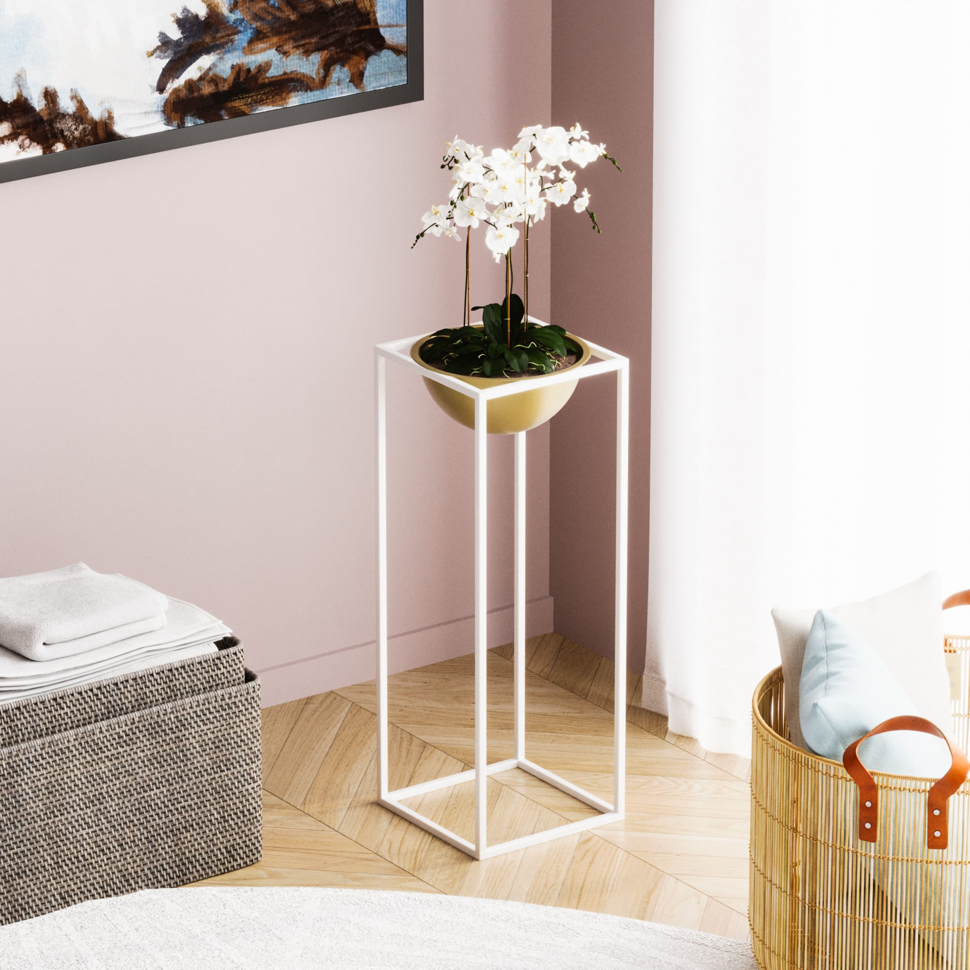 Ghiveci decorativ, Aberto Design, metal, alb auriu, 22x22x60 cm — imaginea 5